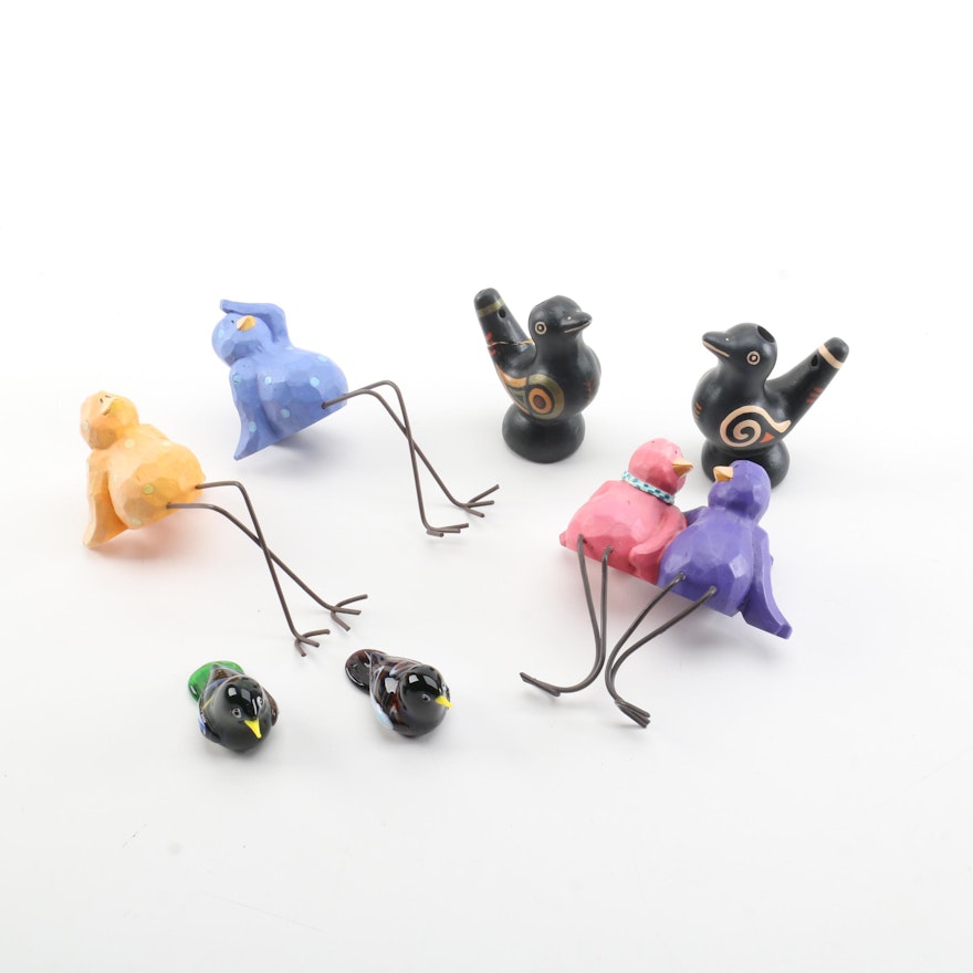 Group of Whimsical Bird Figurines in Wood and Glass