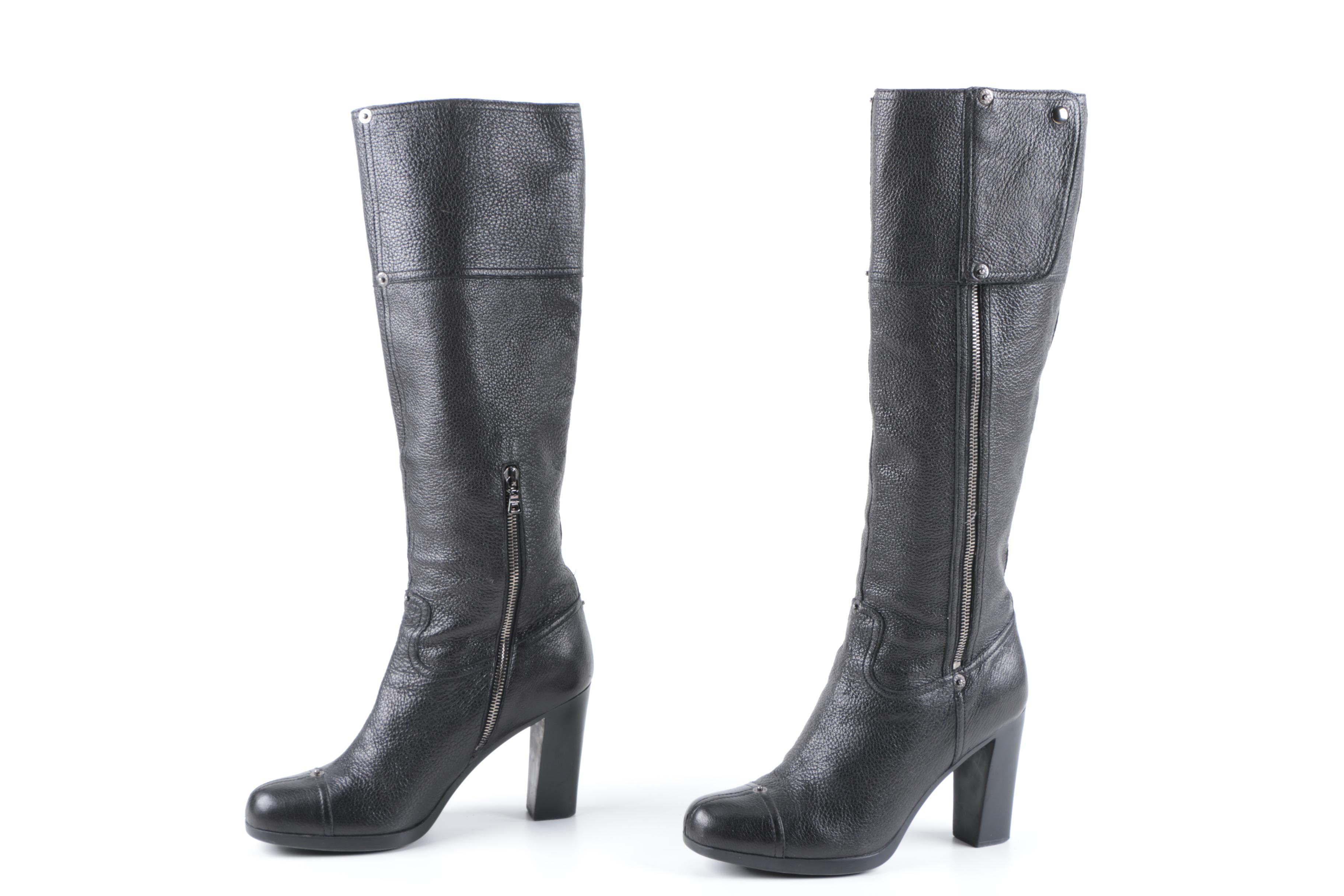 Prada Black Pebbled Leather Knee-High Boots