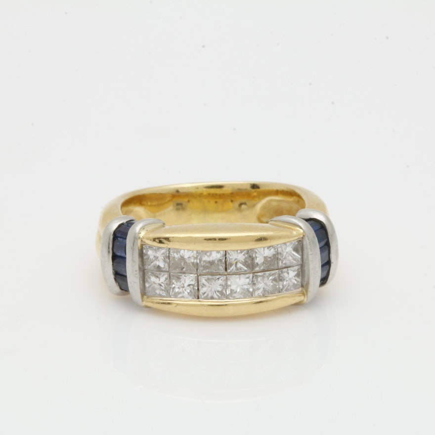 18K Yellow Gold and Platinum Diamond Ring with Sapphire Accents