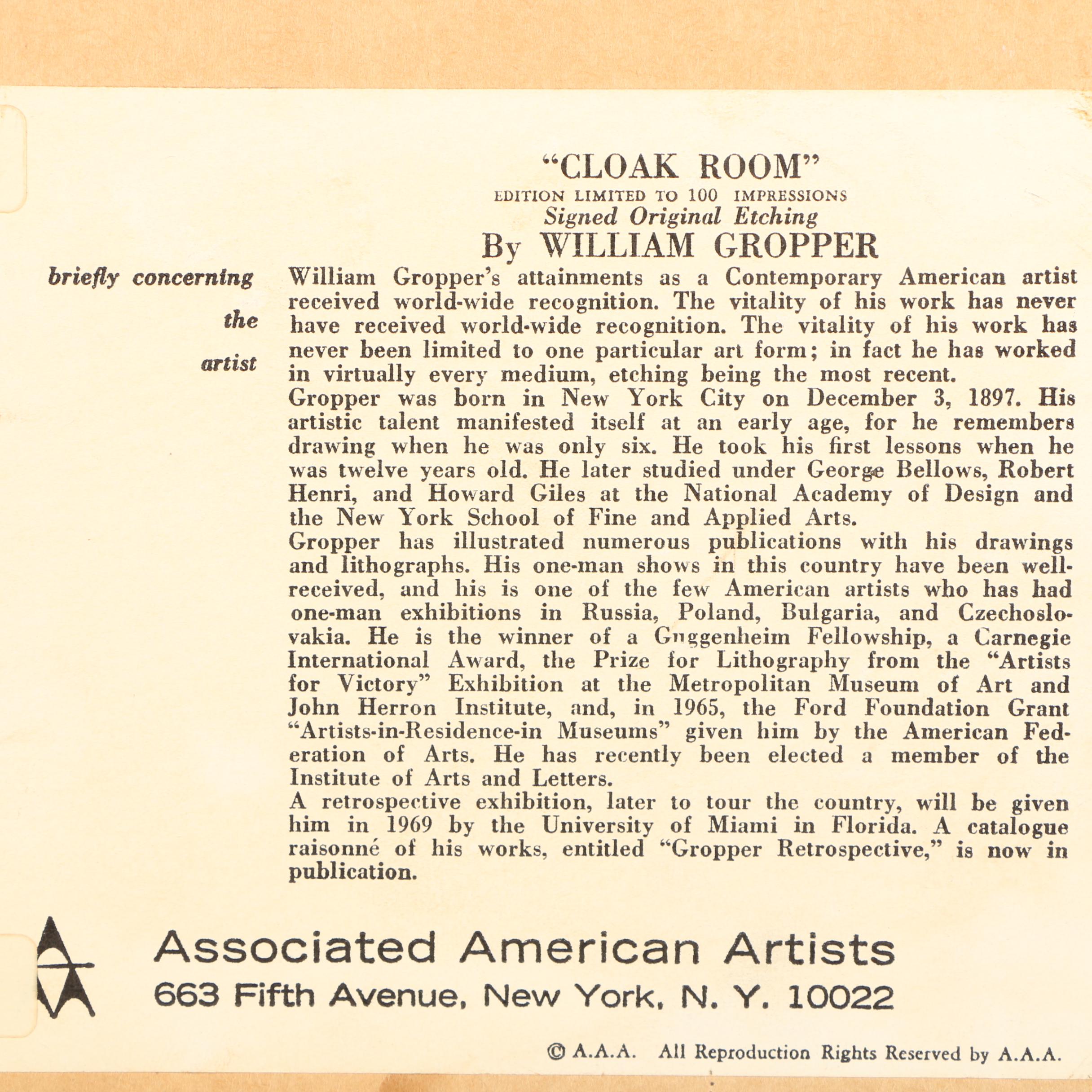 William Gropper Limited Edition Etchings "Cloak Room" and "For The Record"