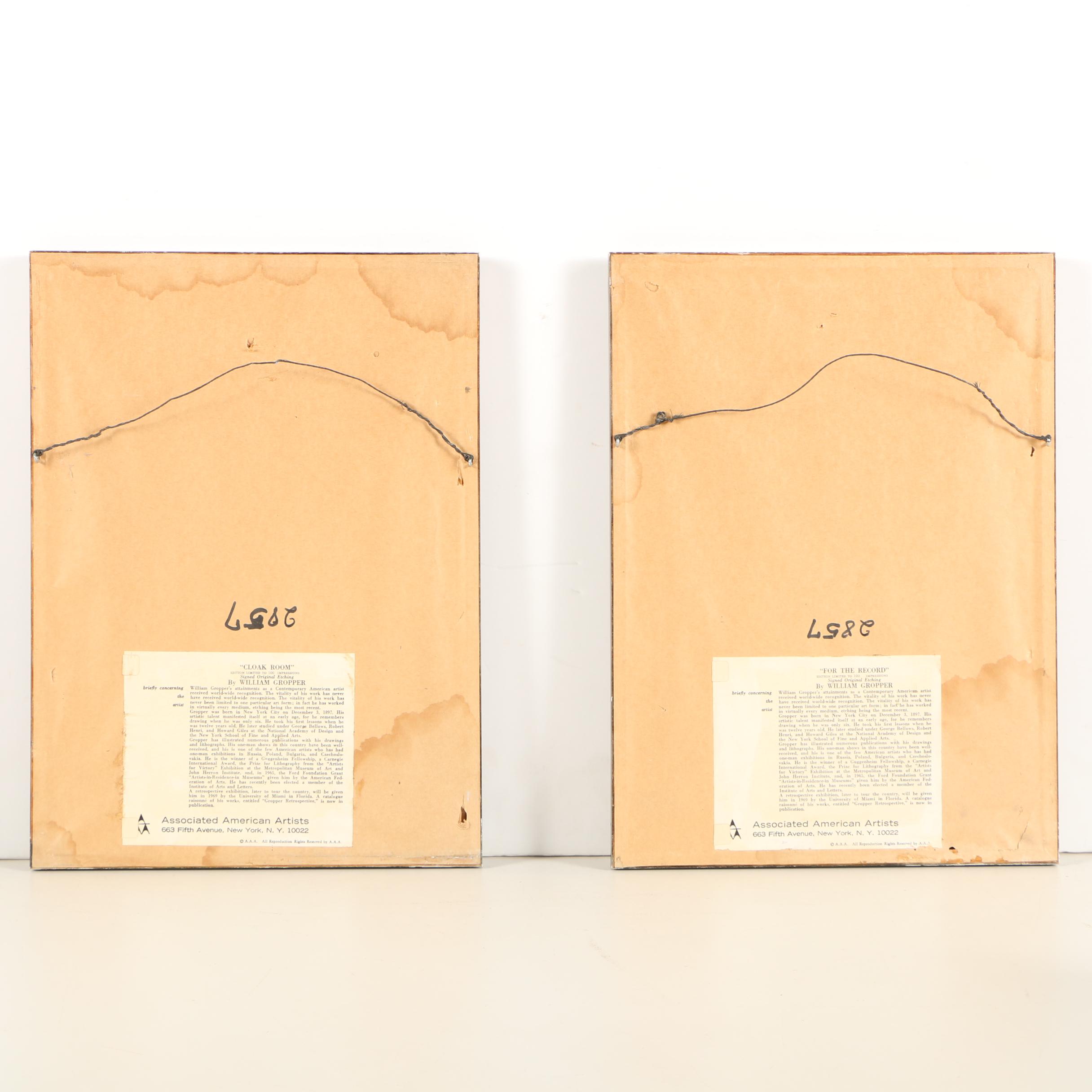 William Gropper Limited Edition Etchings "Cloak Room" and "For The Record"