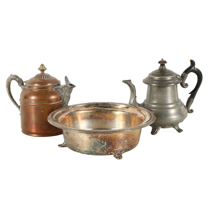 Copper and Pewter Pitchers and Metal Basin