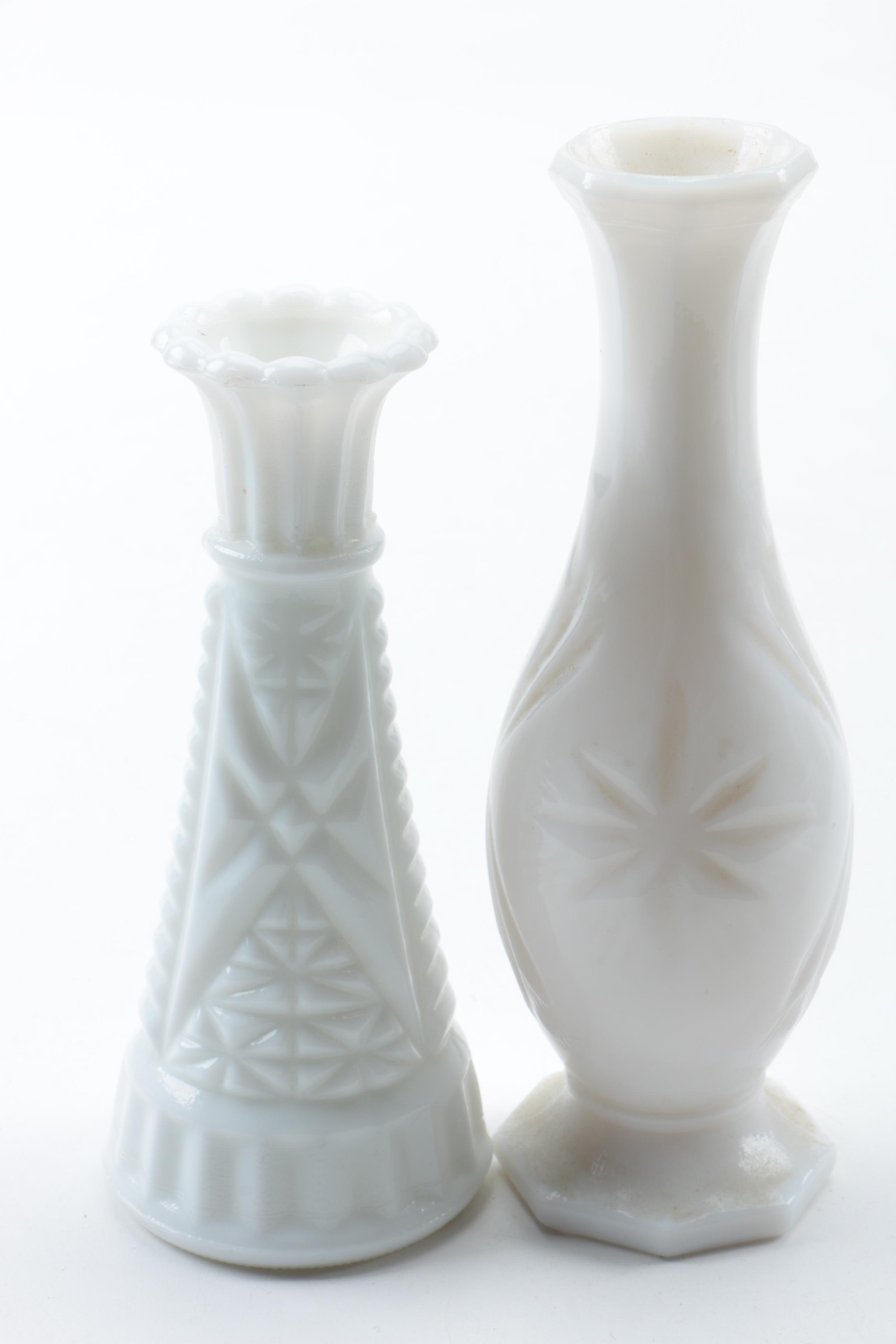 Milk Glass Vases, Pewter Lidded Dish and Others