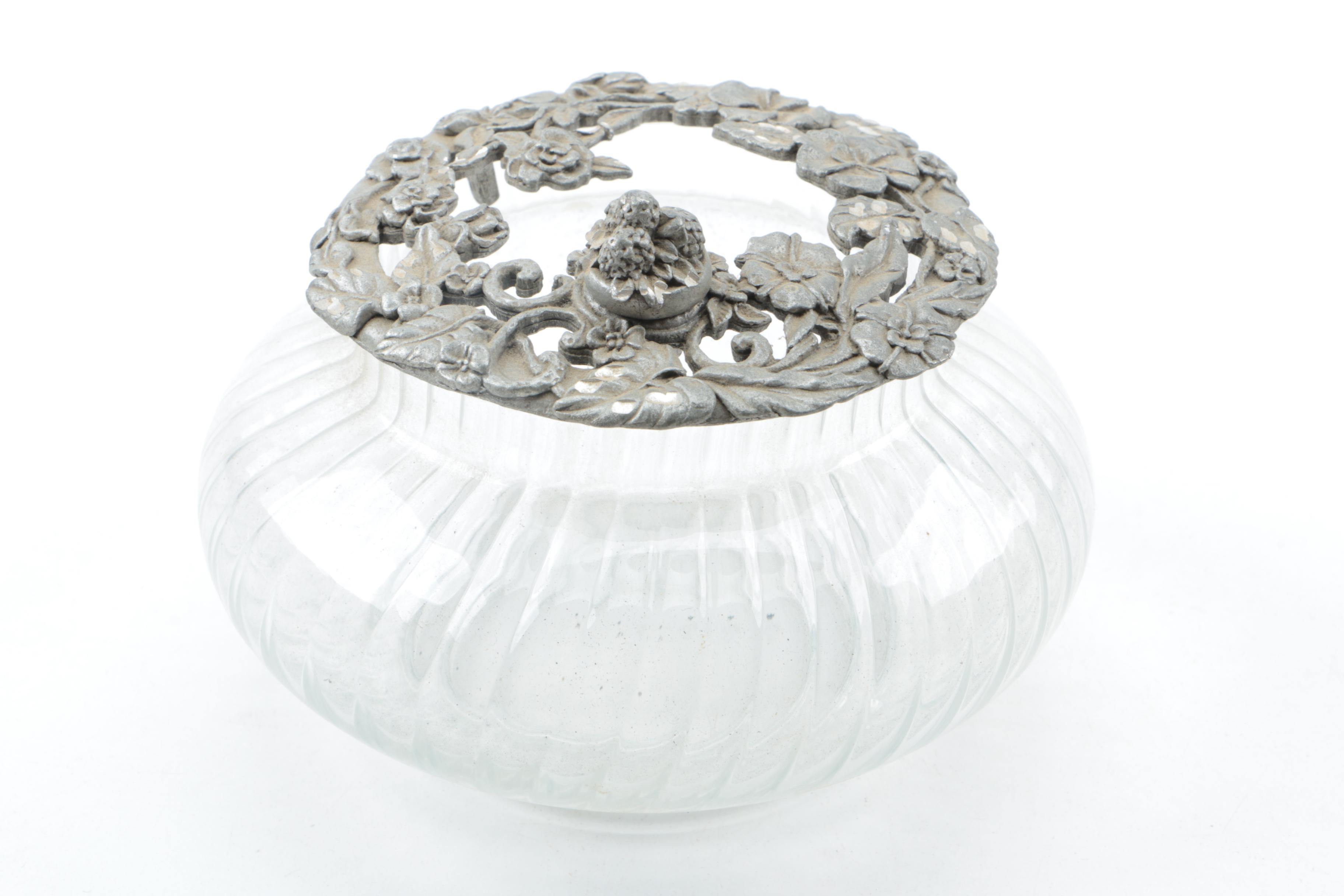 Milk Glass Vases, Pewter Lidded Dish and Others