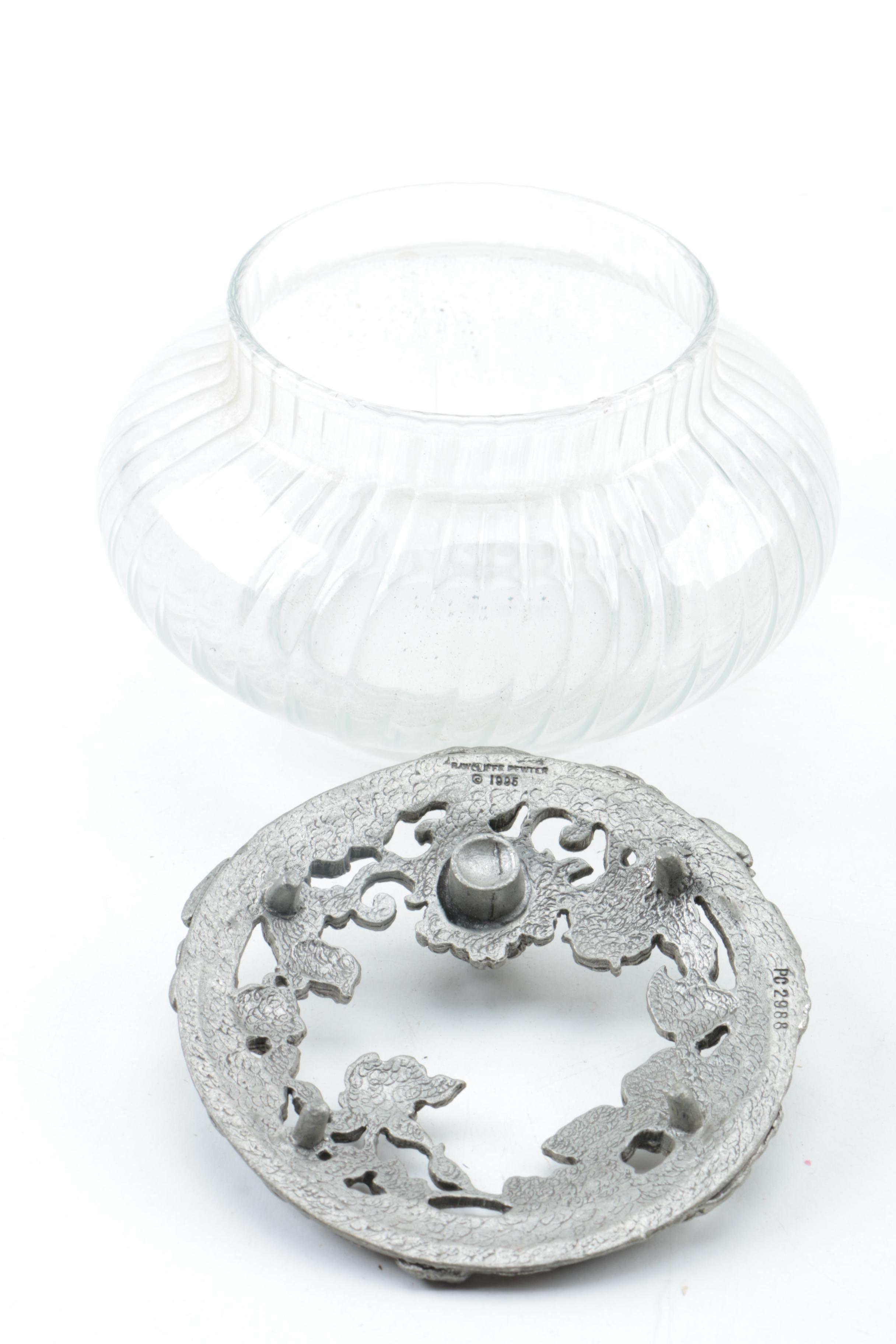 Milk Glass Vases, Pewter Lidded Dish and Others