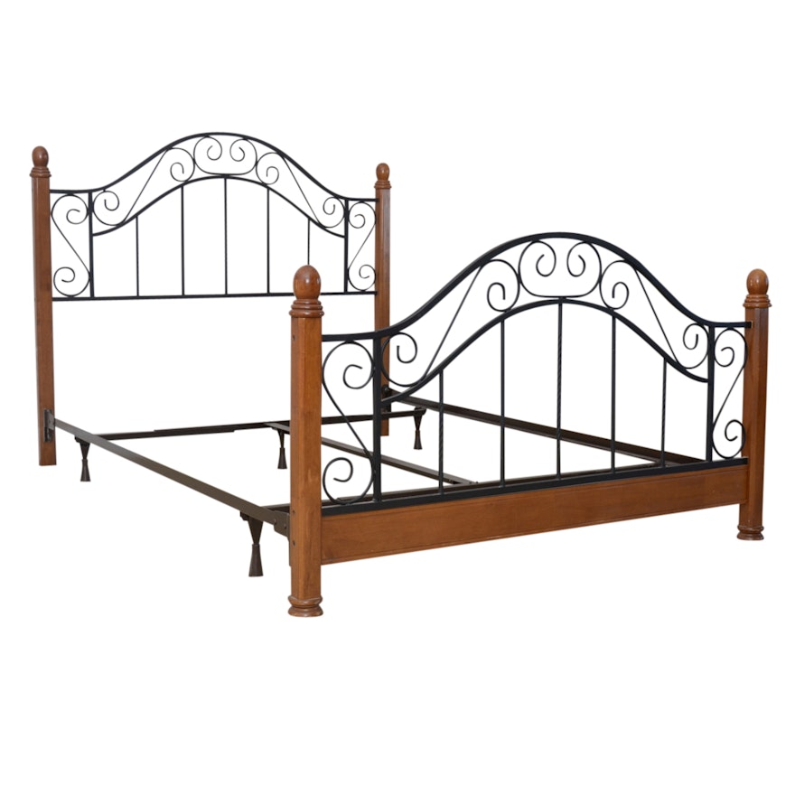 Wrought Metal and Wood Queen-Size Bed Frame