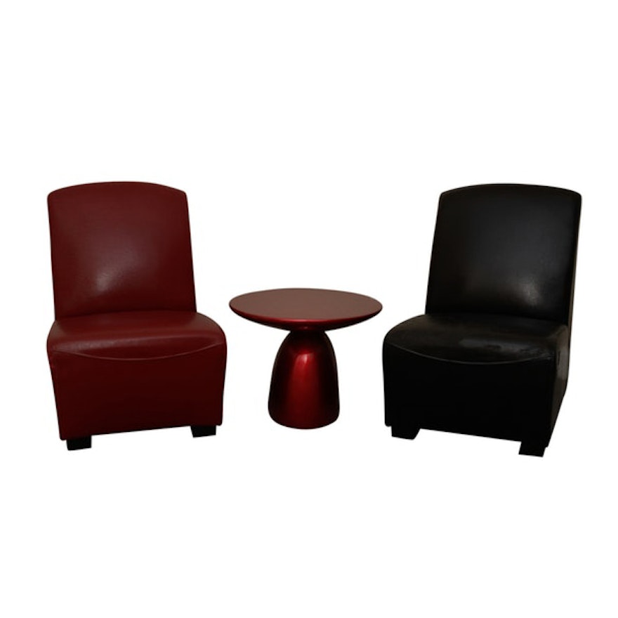 Modern Red and Black Bonded Leather Chairs with Table