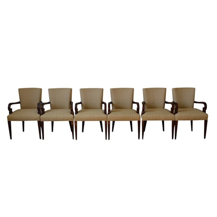 Set of Six Empire Style Damask Upholstered Arm Chairs