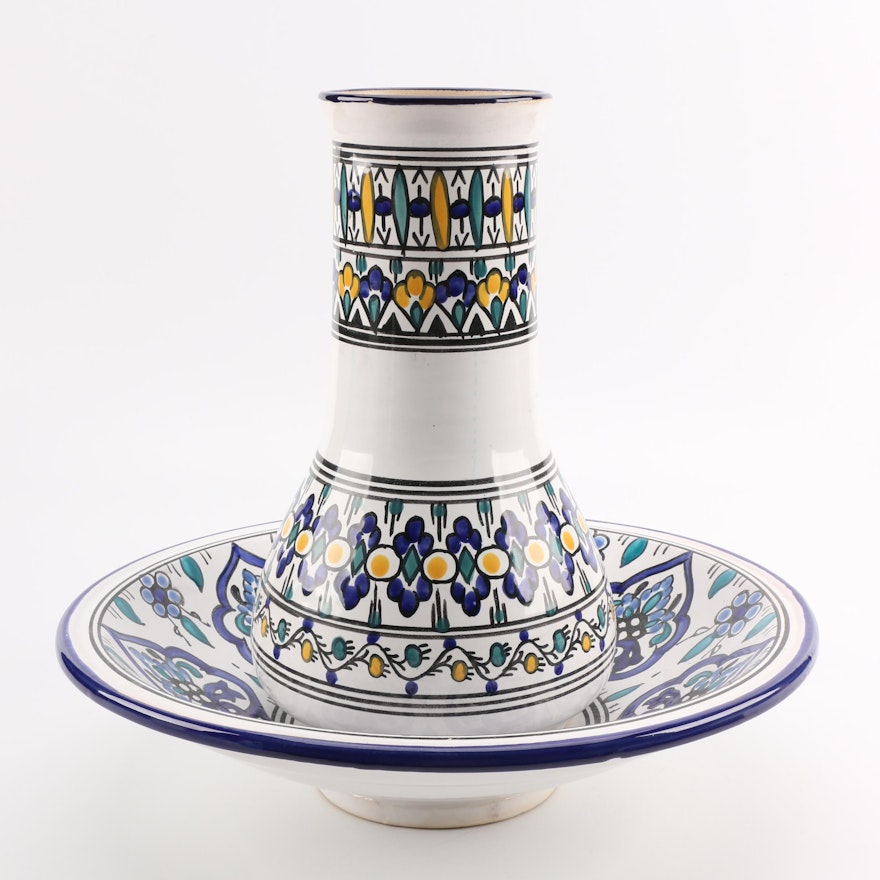 Tunisian Hand-Painted Ceramic Vase and Bowl