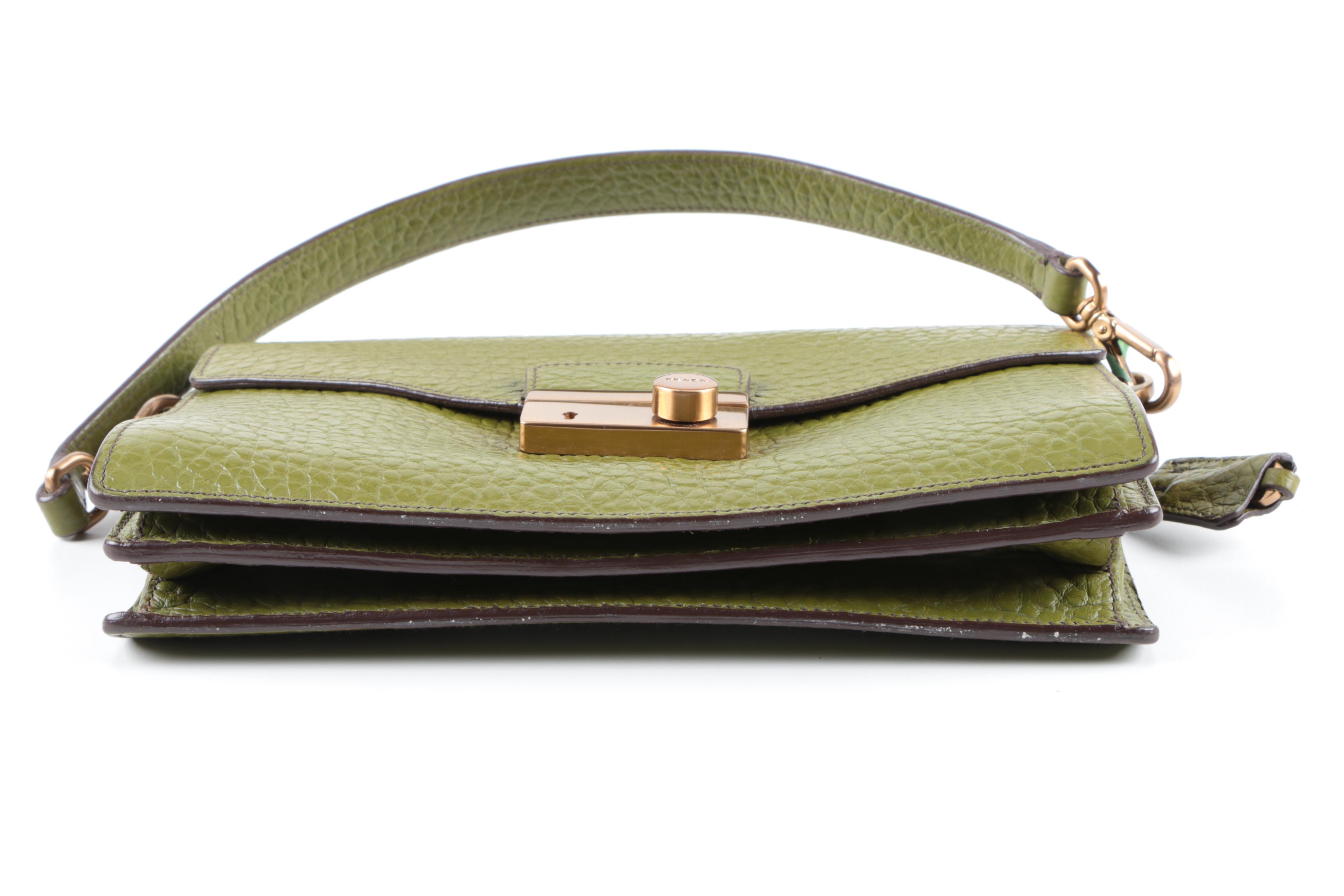 Prada Pebbled Green Leather Handbag