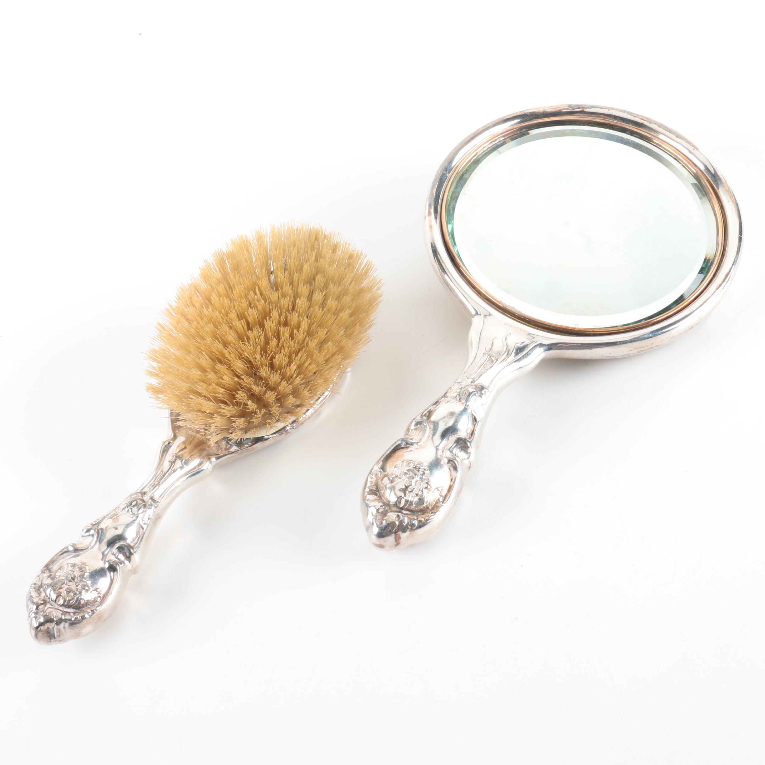 Hope Silver Co. Art Nouveau Daisy Silver Plate Hand Mirror and Hairbrush
