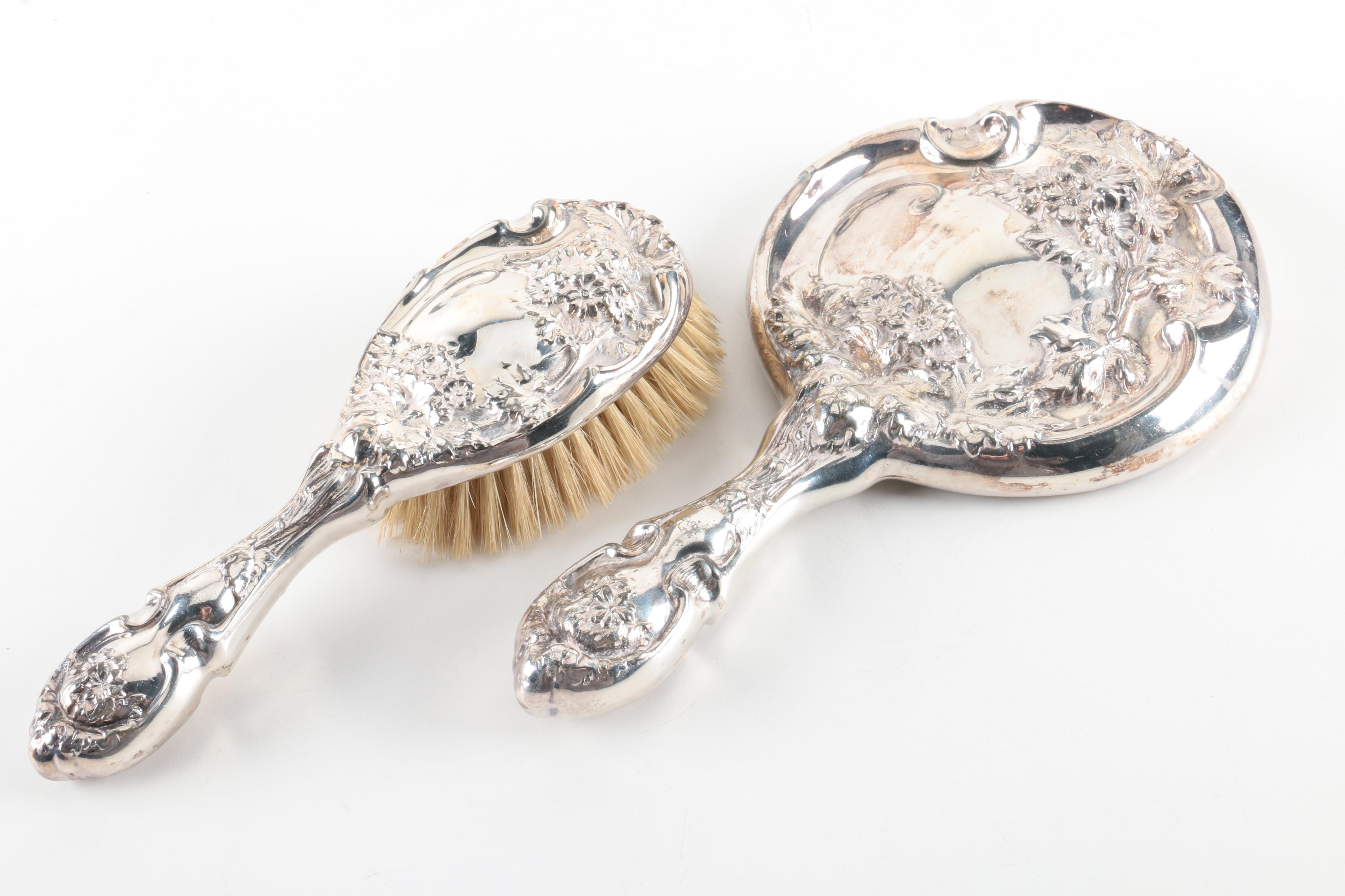 Hope Silver Co. Art Nouveau Daisy Silver Plate Hand Mirror and Hairbrush