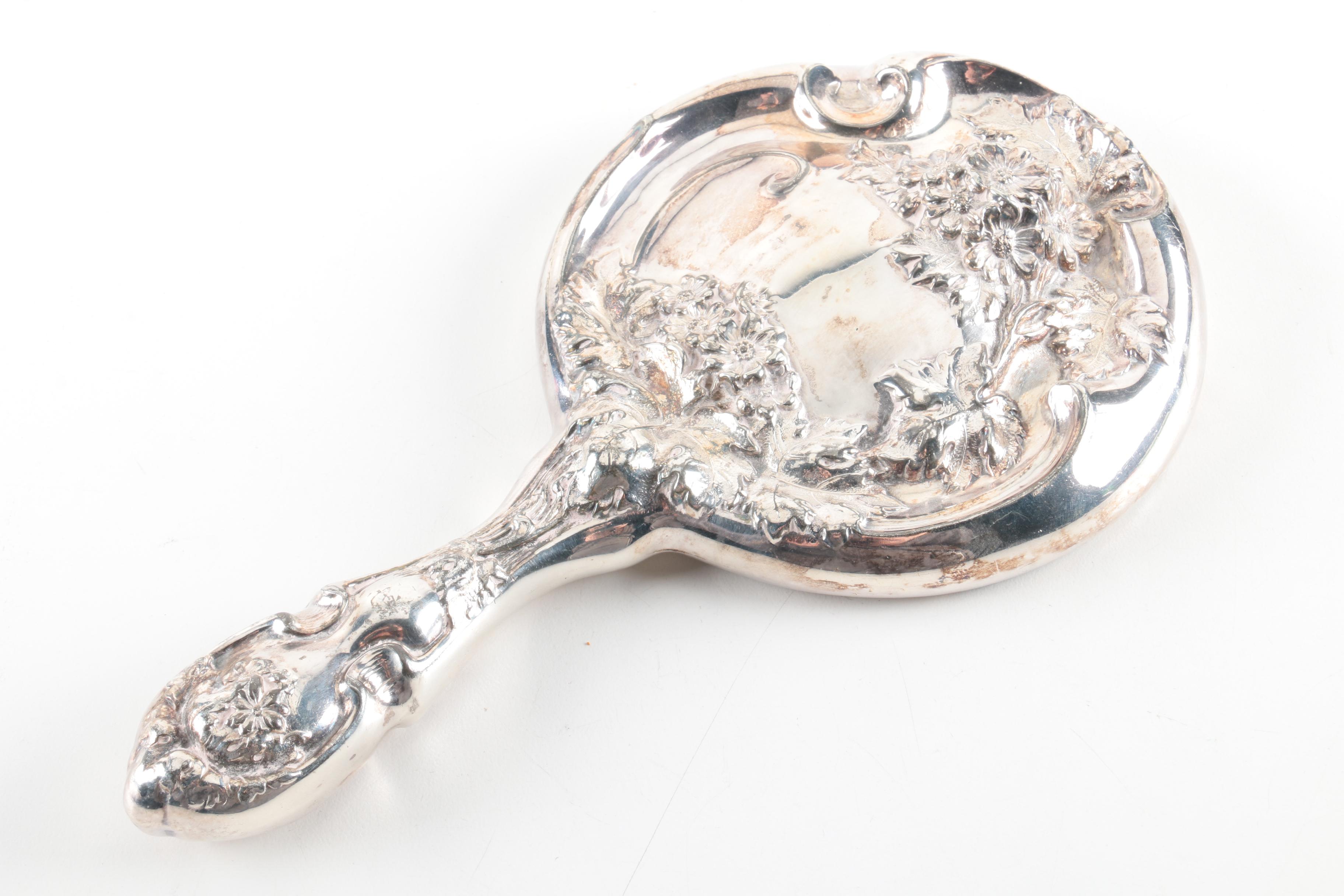 Hope Silver Co. Art Nouveau Daisy Silver Plate Hand Mirror and Hairbrush