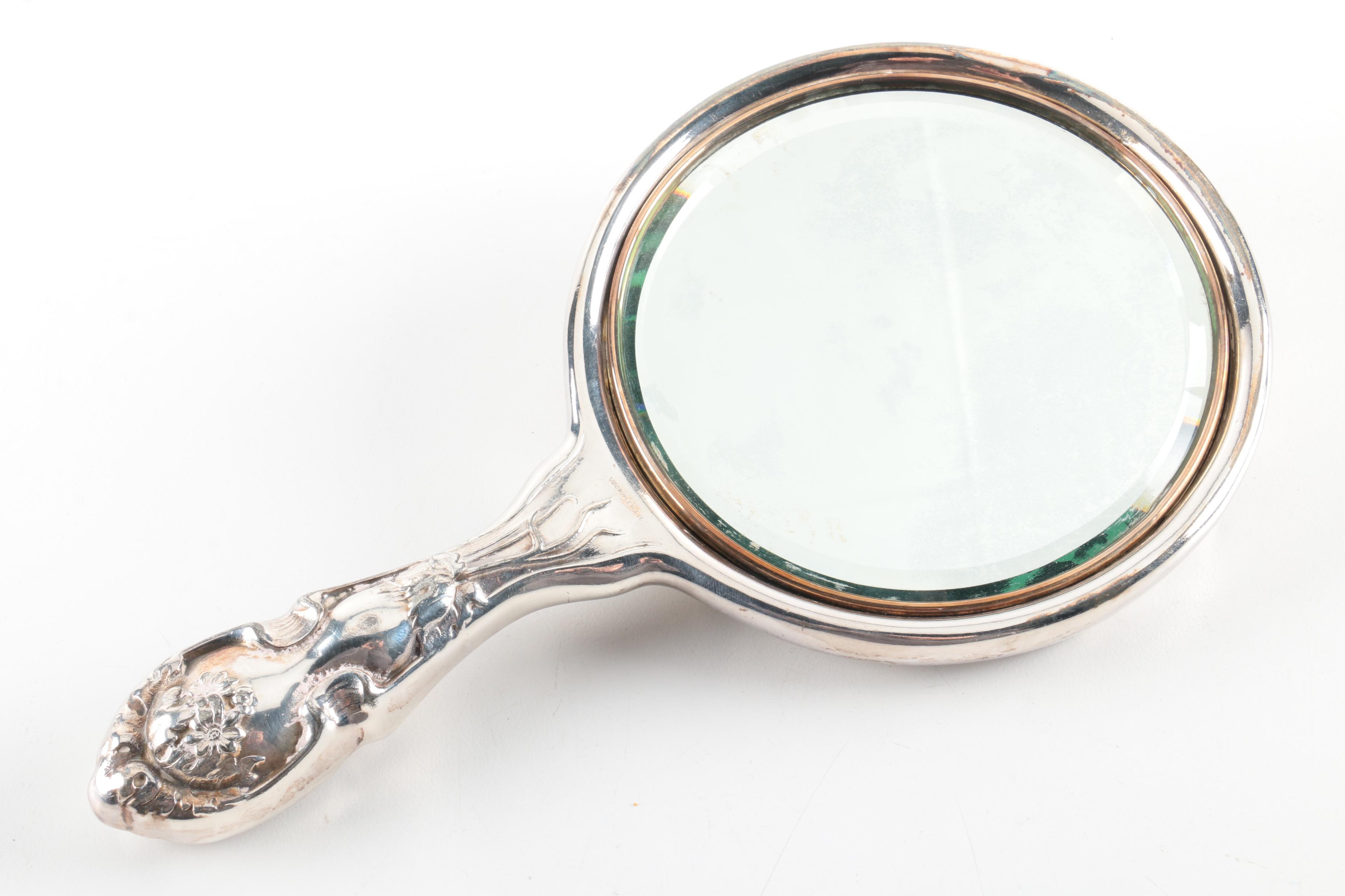 Hope Silver Co. Art Nouveau Daisy Silver Plate Hand Mirror and Hairbrush