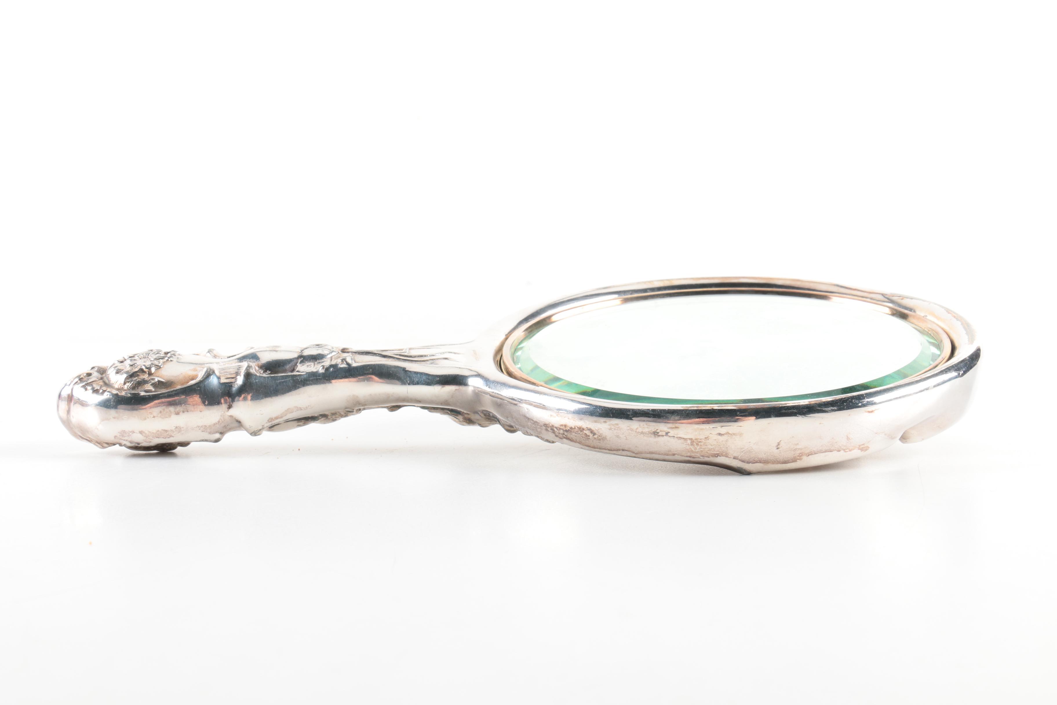 Hope Silver Co. Art Nouveau Daisy Silver Plate Hand Mirror and Hairbrush