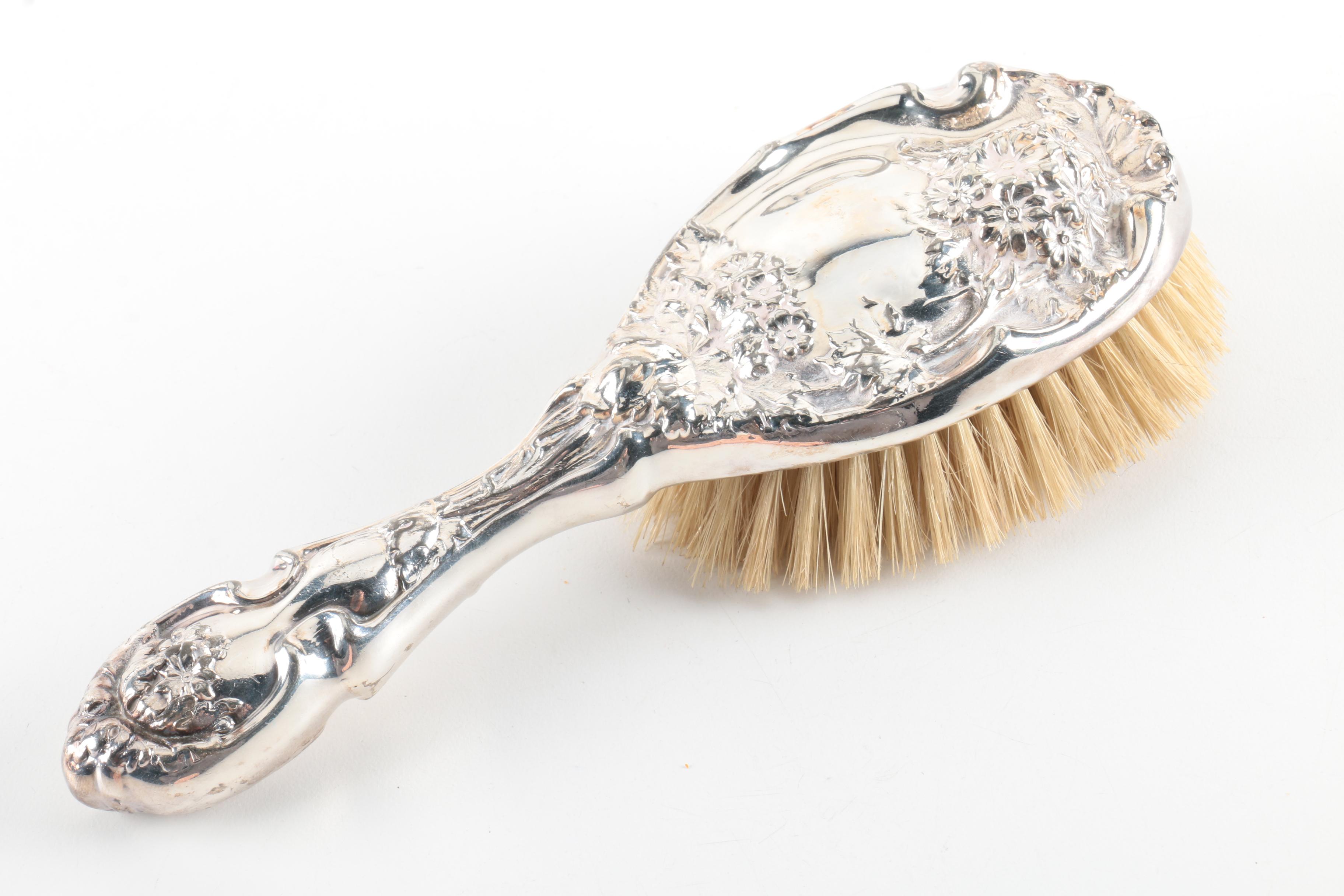 Hope Silver Co. Art Nouveau Daisy Silver Plate Hand Mirror and Hairbrush