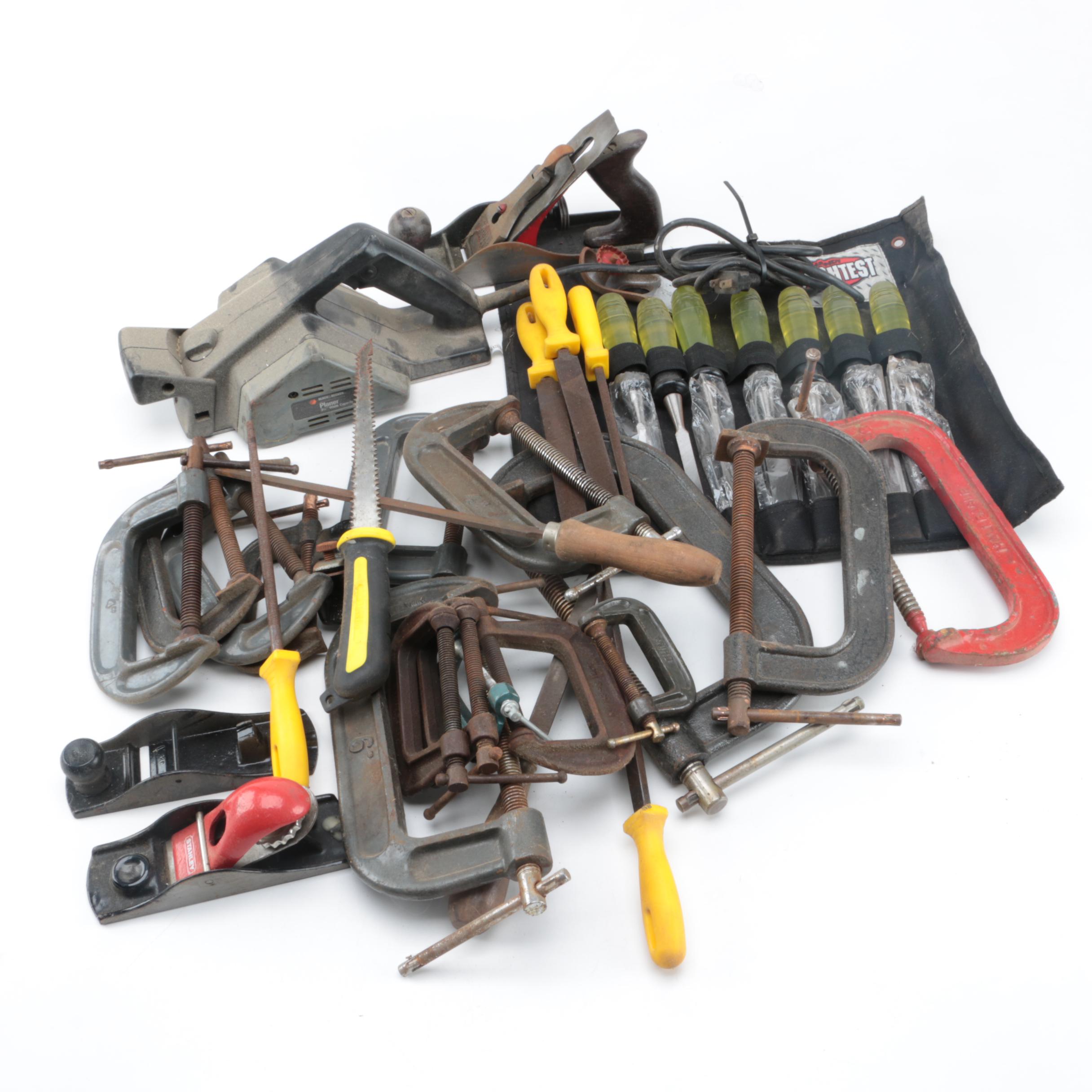 Collection of Wood Working Tools, Clamps Including Black & Decker Planer