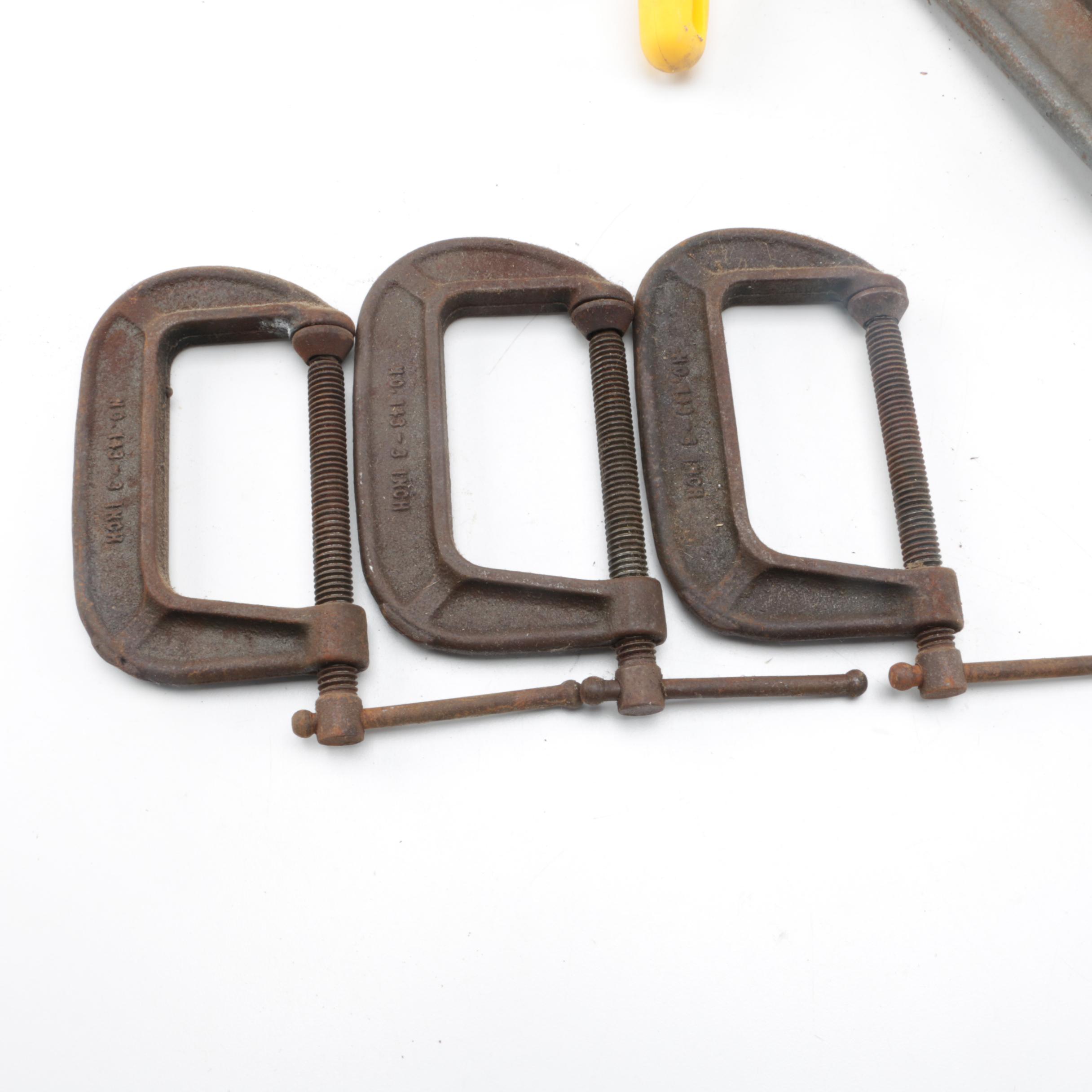 Collection of Wood Working Tools, Clamps Including Black & Decker Planer