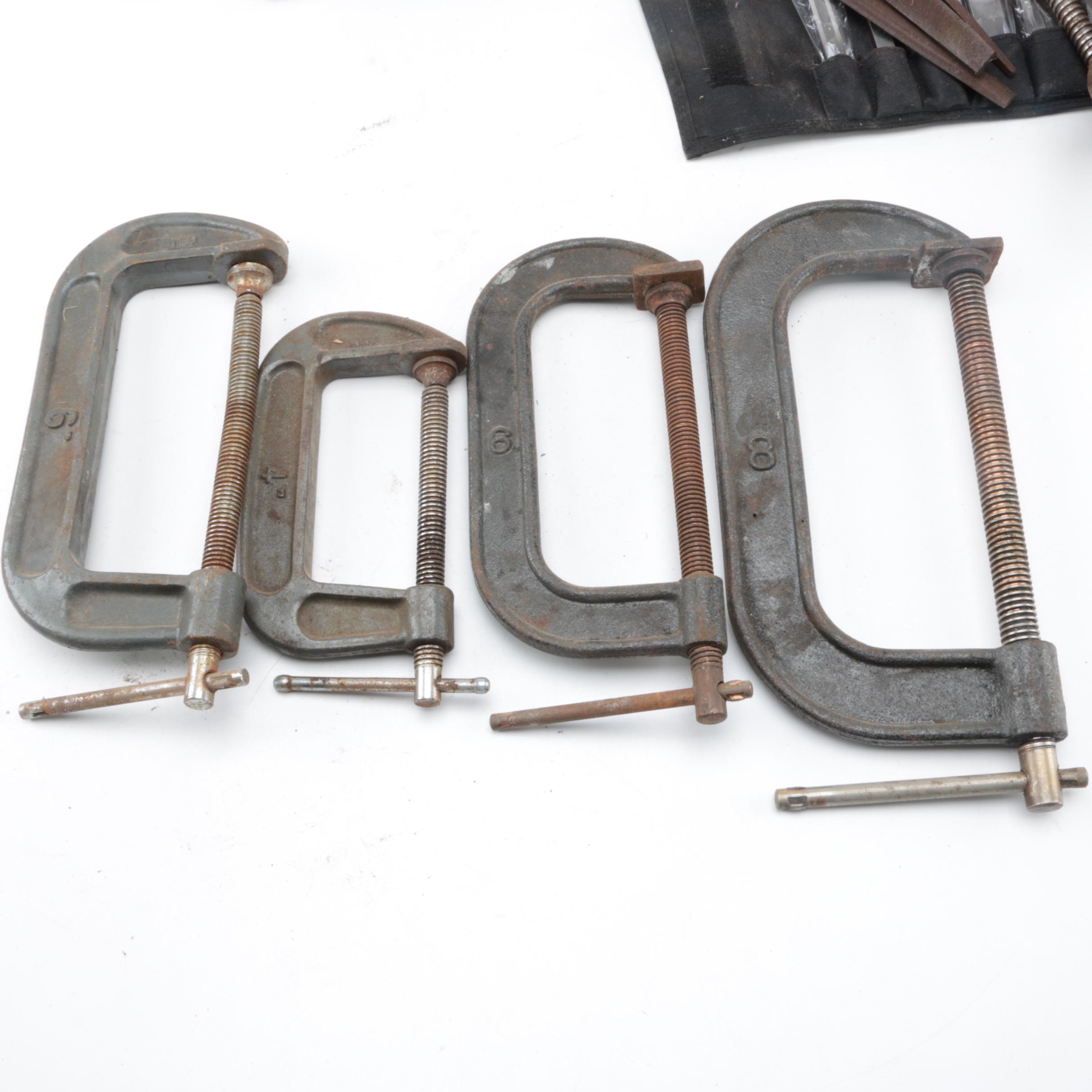 Collection of Wood Working Tools, Clamps Including Black & Decker Planer