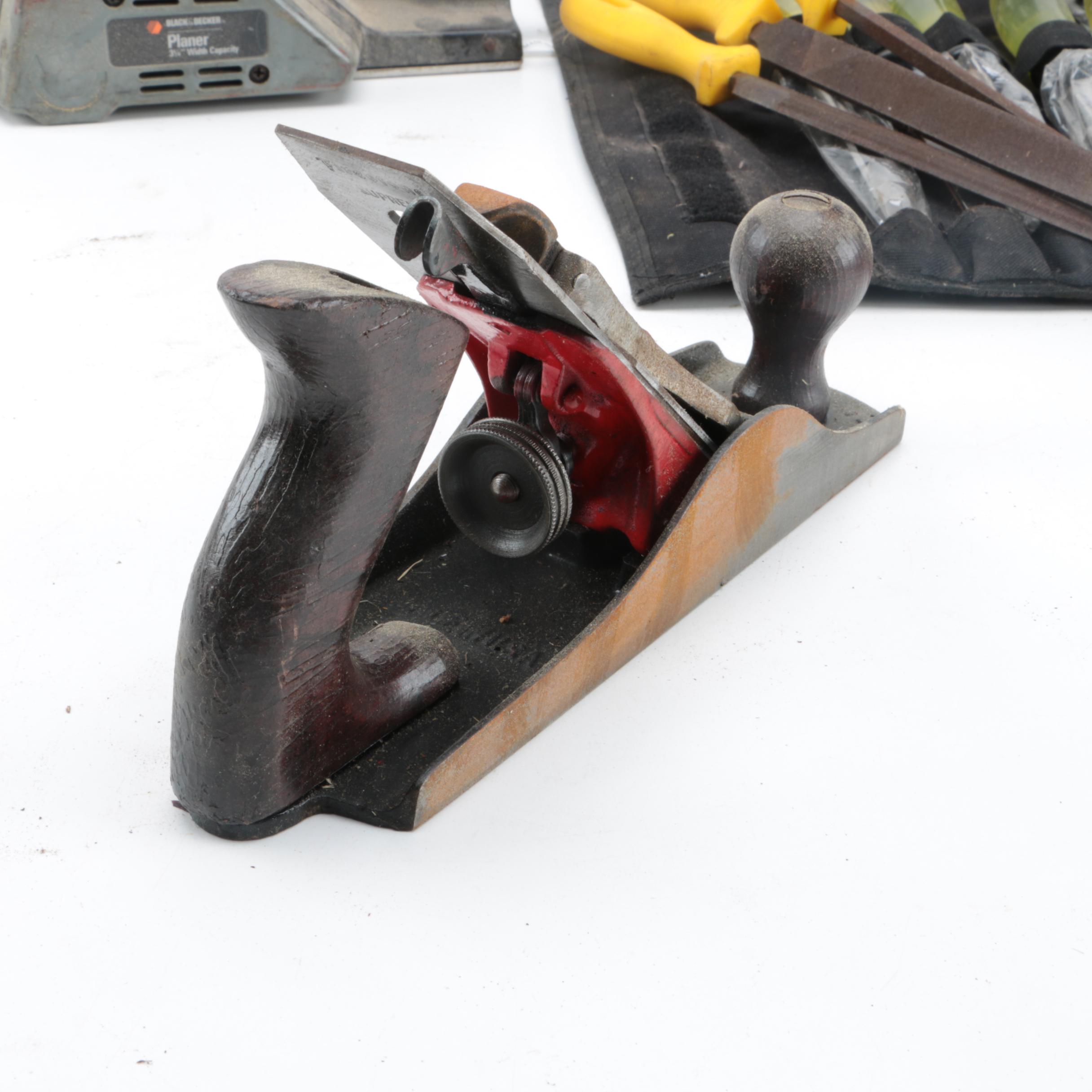 Collection of Wood Working Tools, Clamps Including Black & Decker Planer