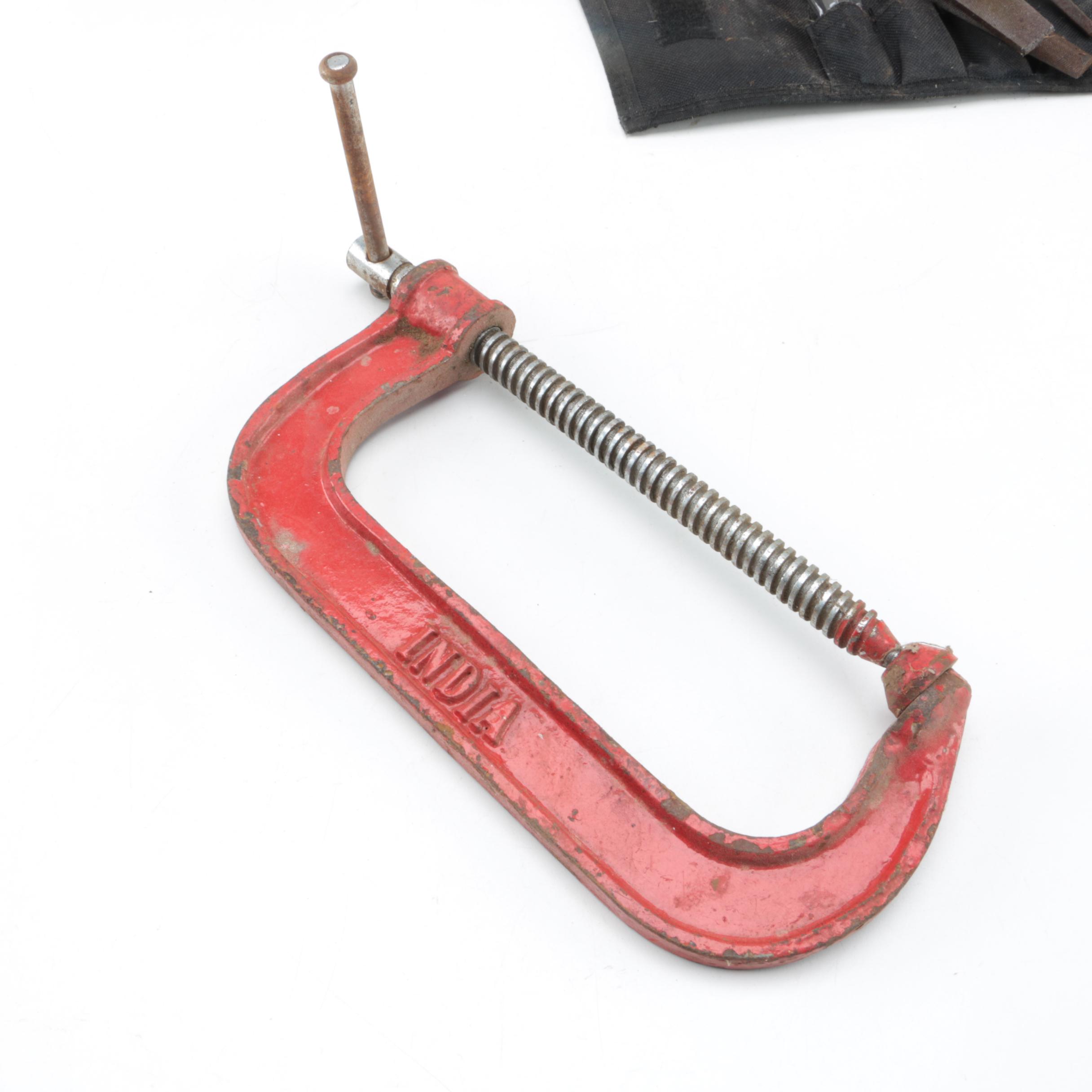 Collection of Wood Working Tools, Clamps Including Black & Decker Planer