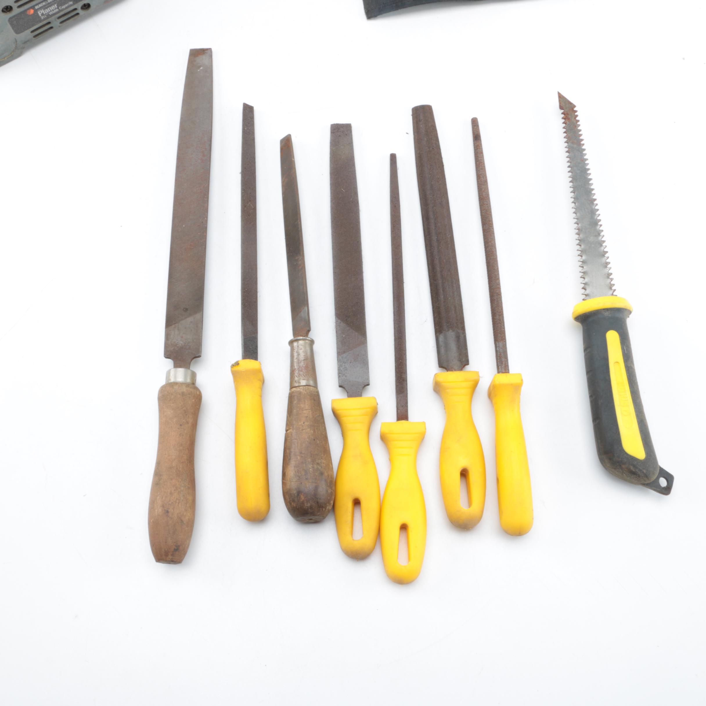 Collection of Wood Working Tools, Clamps Including Black & Decker Planer