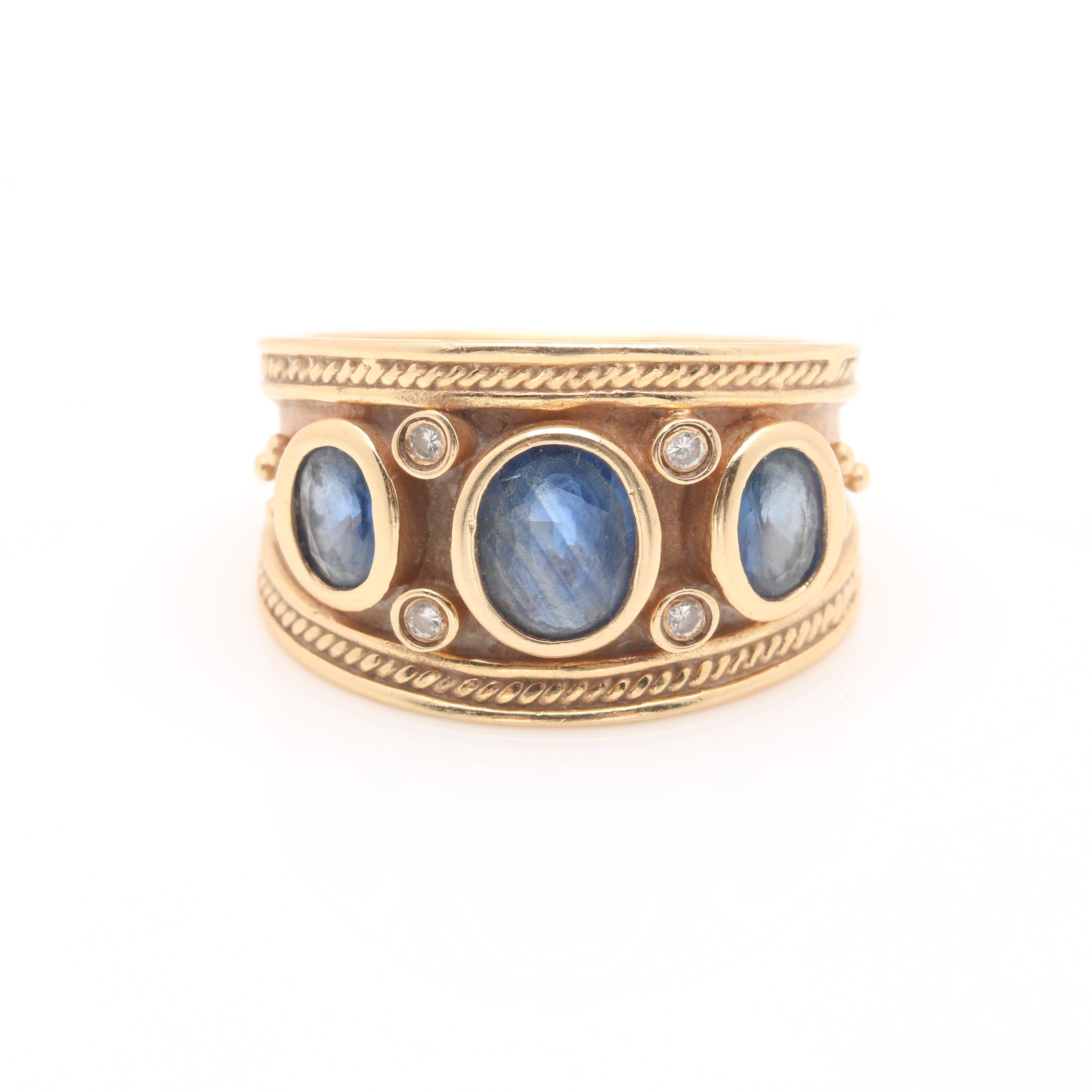 14K Yellow Gold Blue Sapphire and Diamond Ring