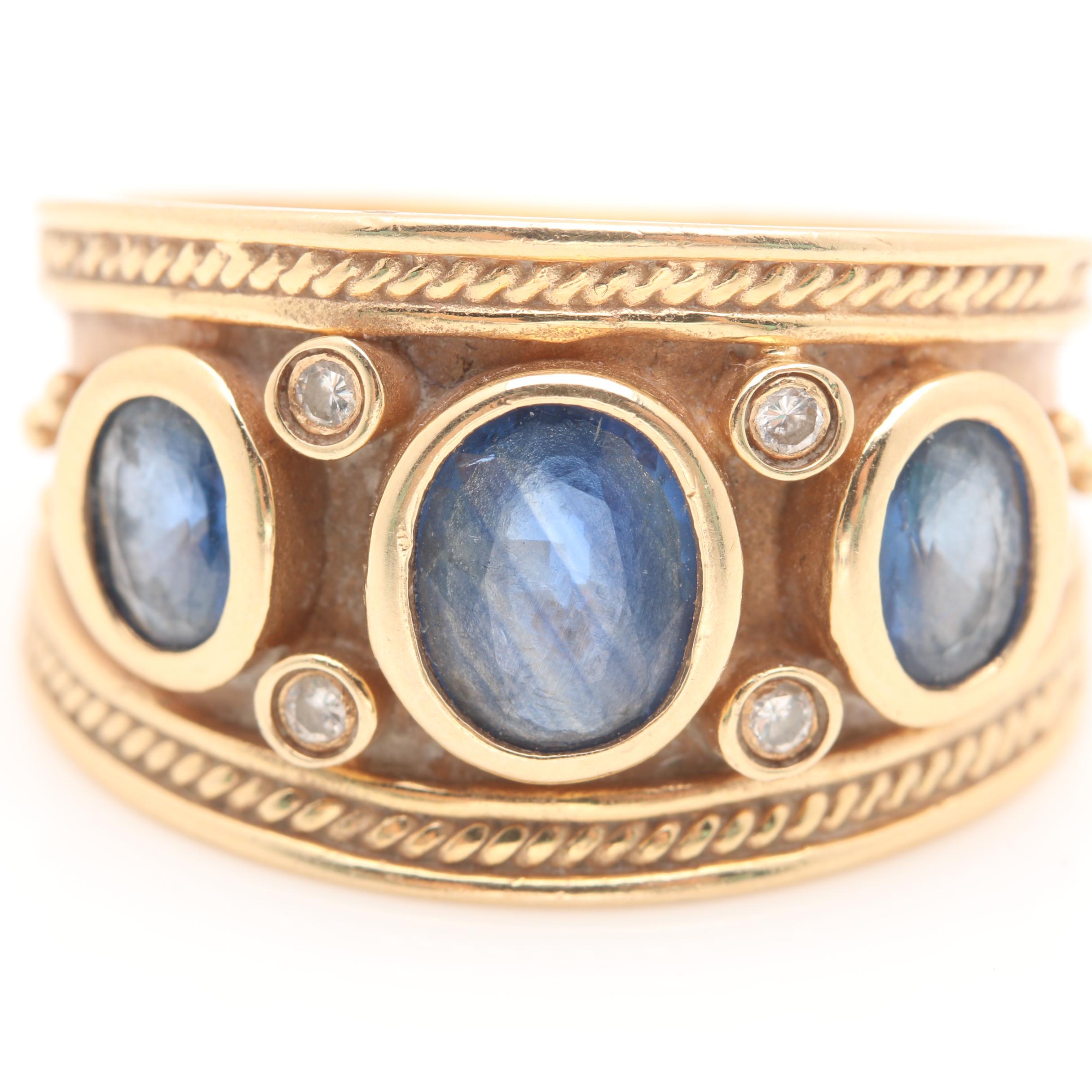 14K Yellow Gold Blue Sapphire and Diamond Ring