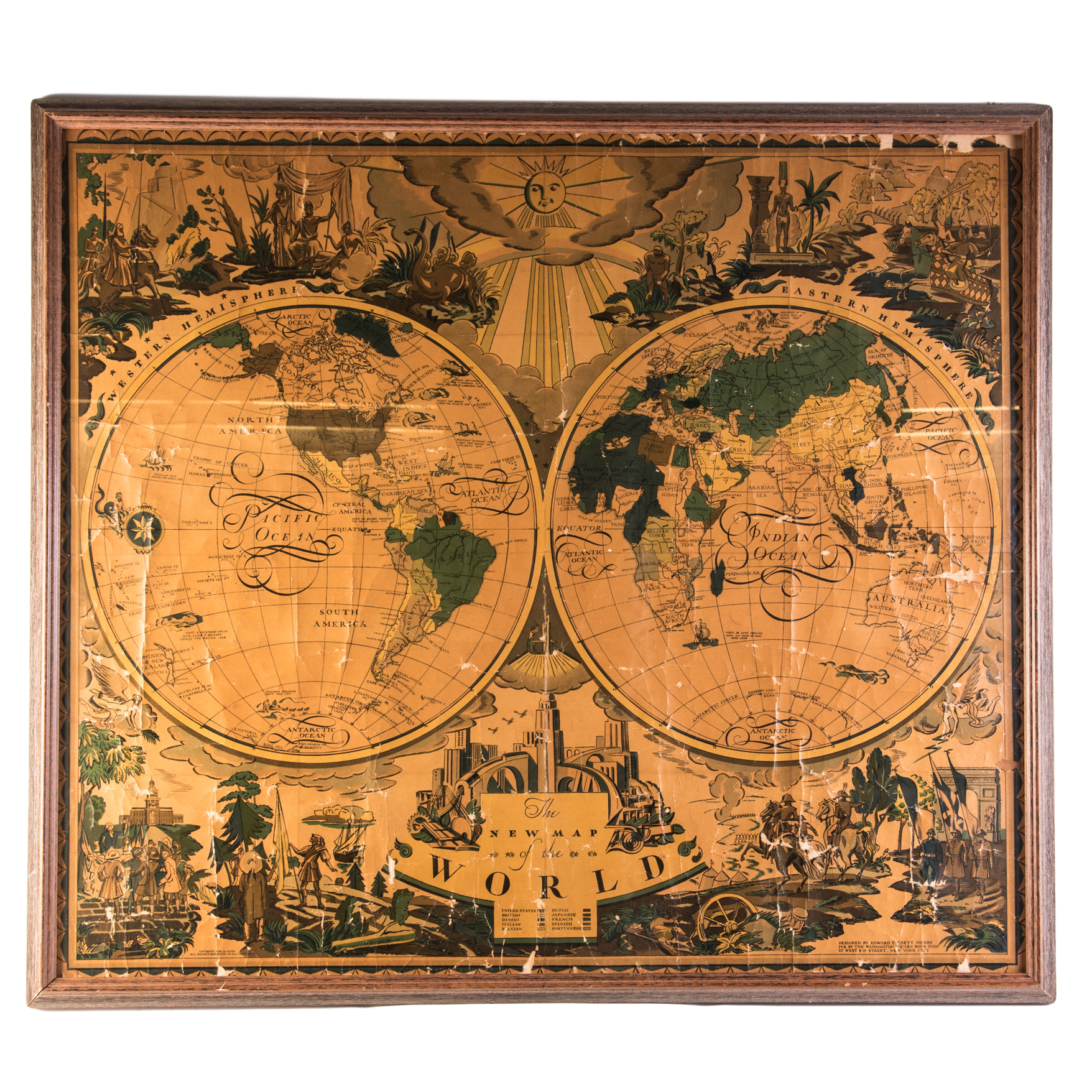 Edward Everett Henry 1928 Color Lithograph "The New Map of the World"