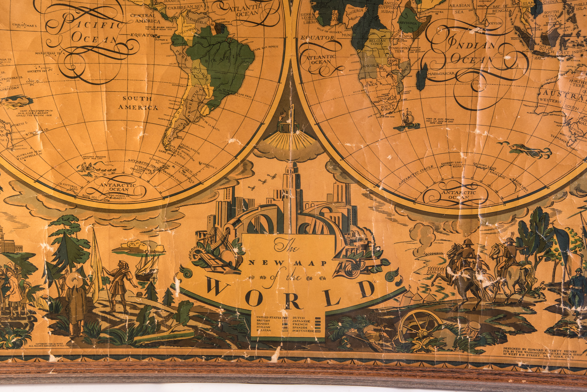 Edward Everett Henry 1928 Color Lithograph "The New Map of the World"