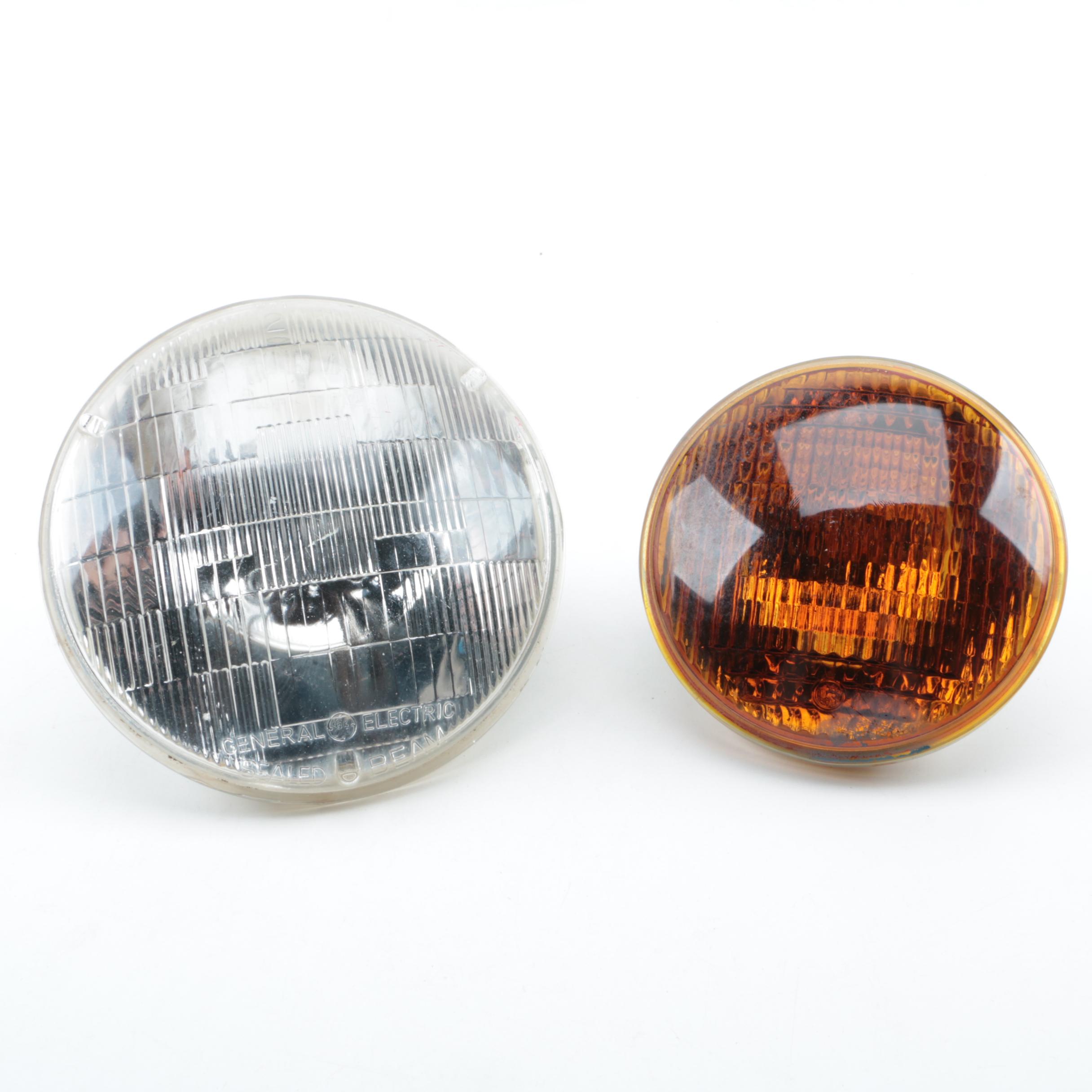 Vintage General Electric Sealed Beam Headlight and Amber Glass Foglight