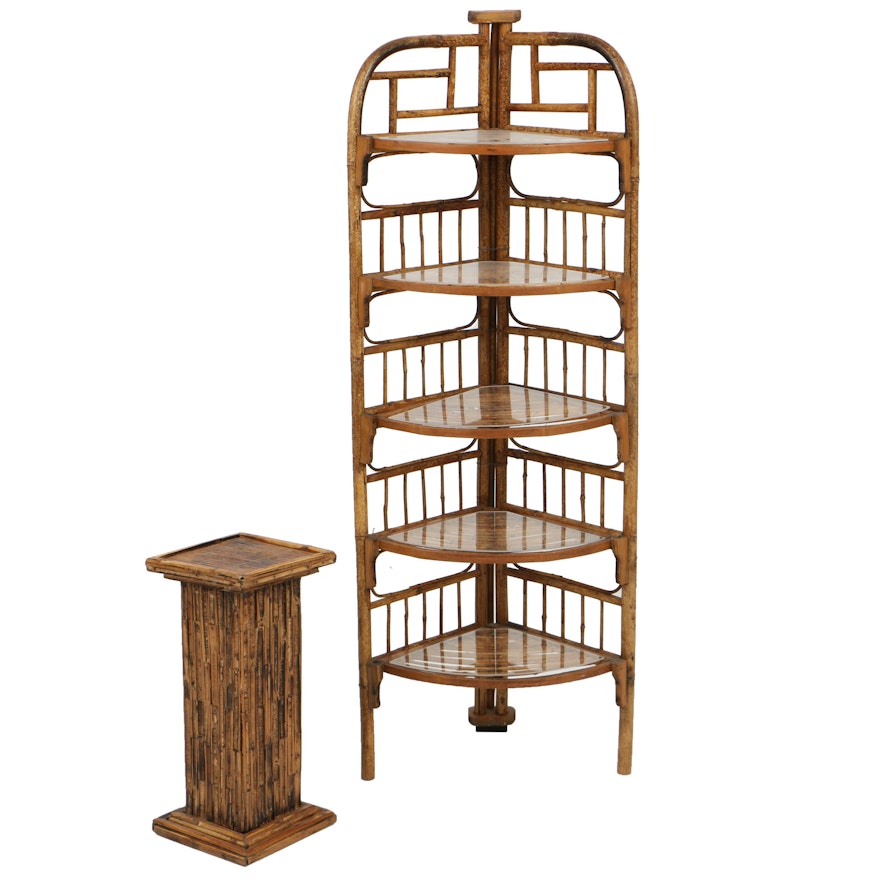 Vintage Bamboo Display Pedestal with Five-Tier, Corner Étagère