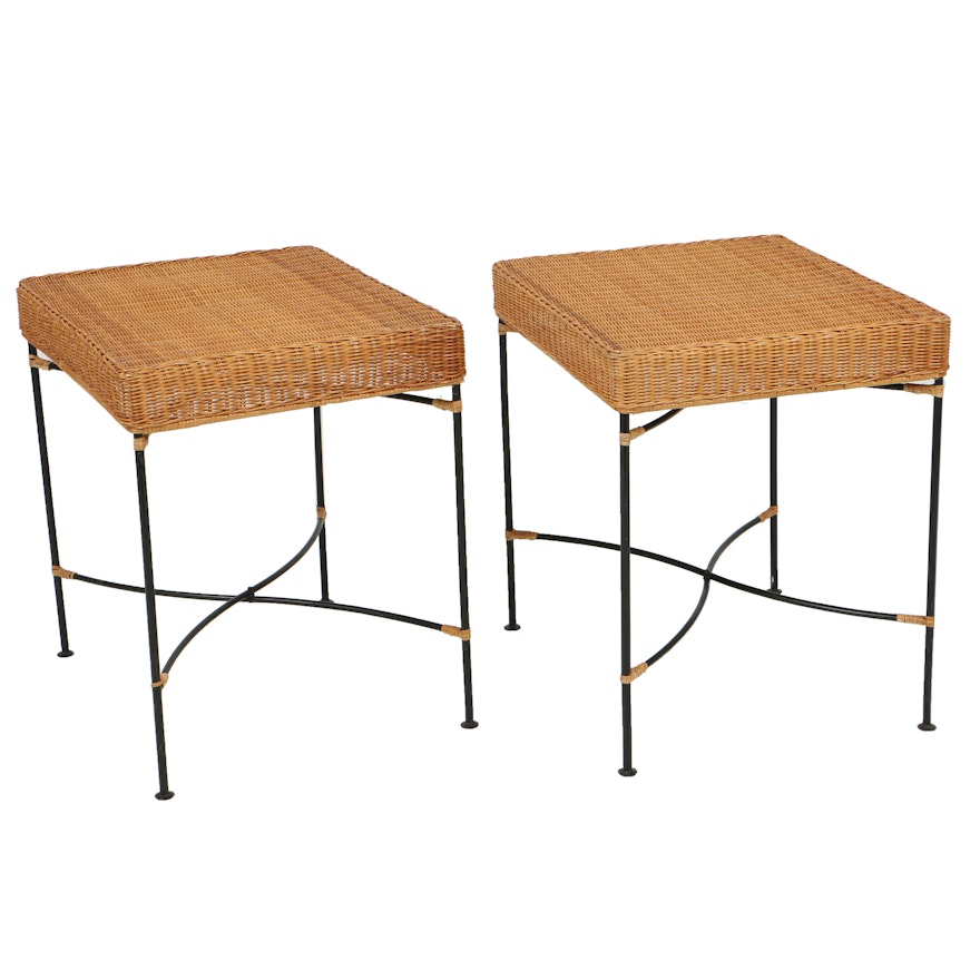 Wicker Side Tables with Folding, Iron Bases