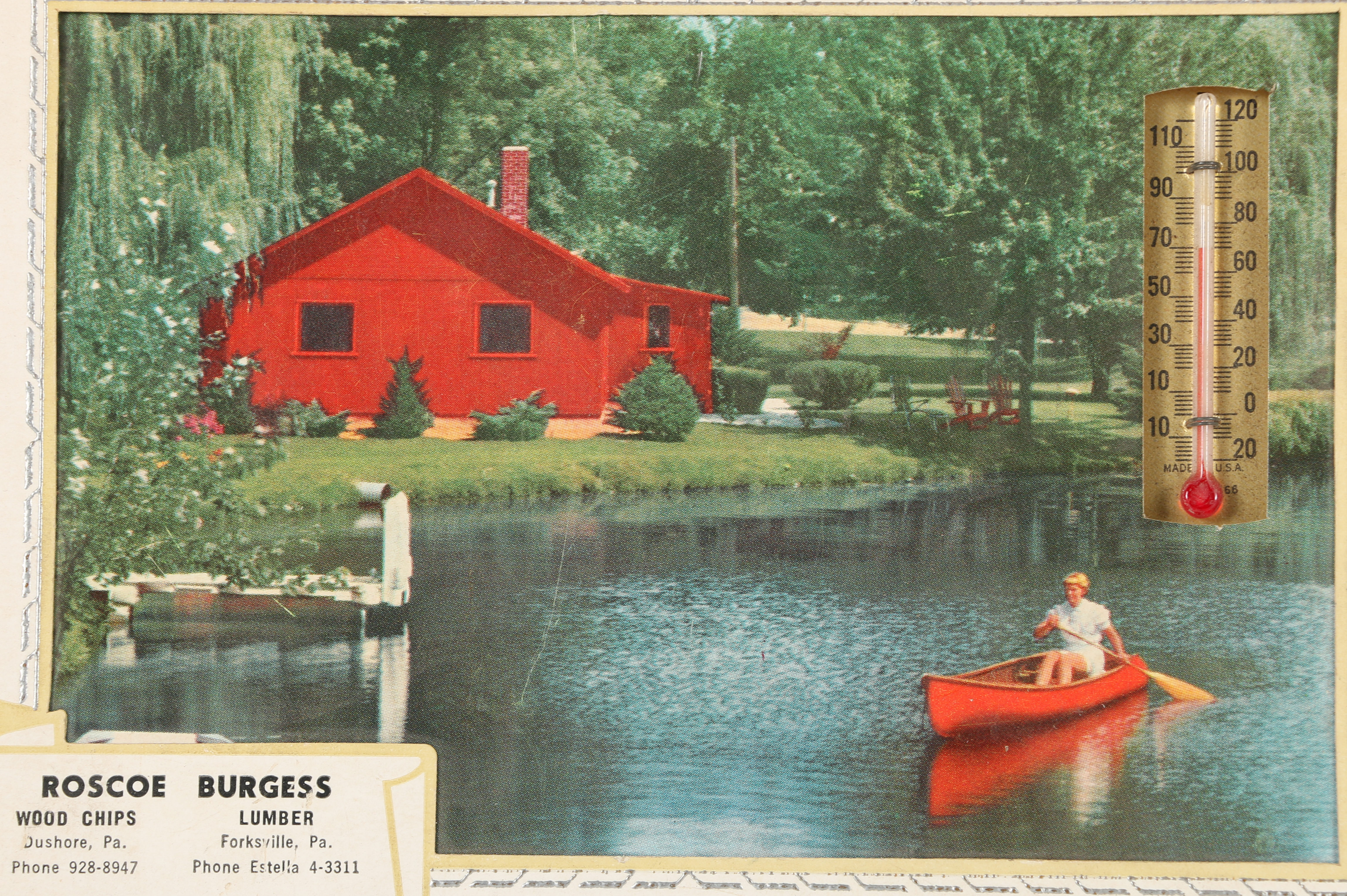 Vintage "In the Poconos" and "Roscoe Burgess" Thermometers