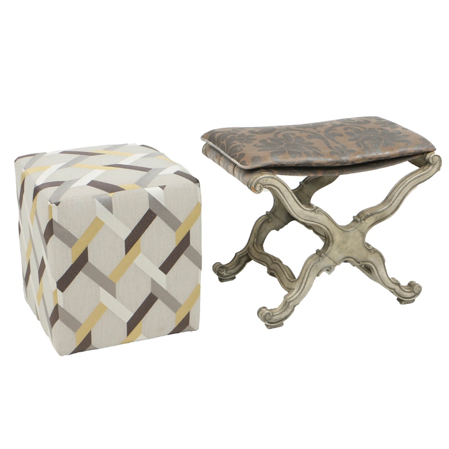 French Provincial Style Curule-Form Stool with Lattice-Upholstered Cube Ottoman