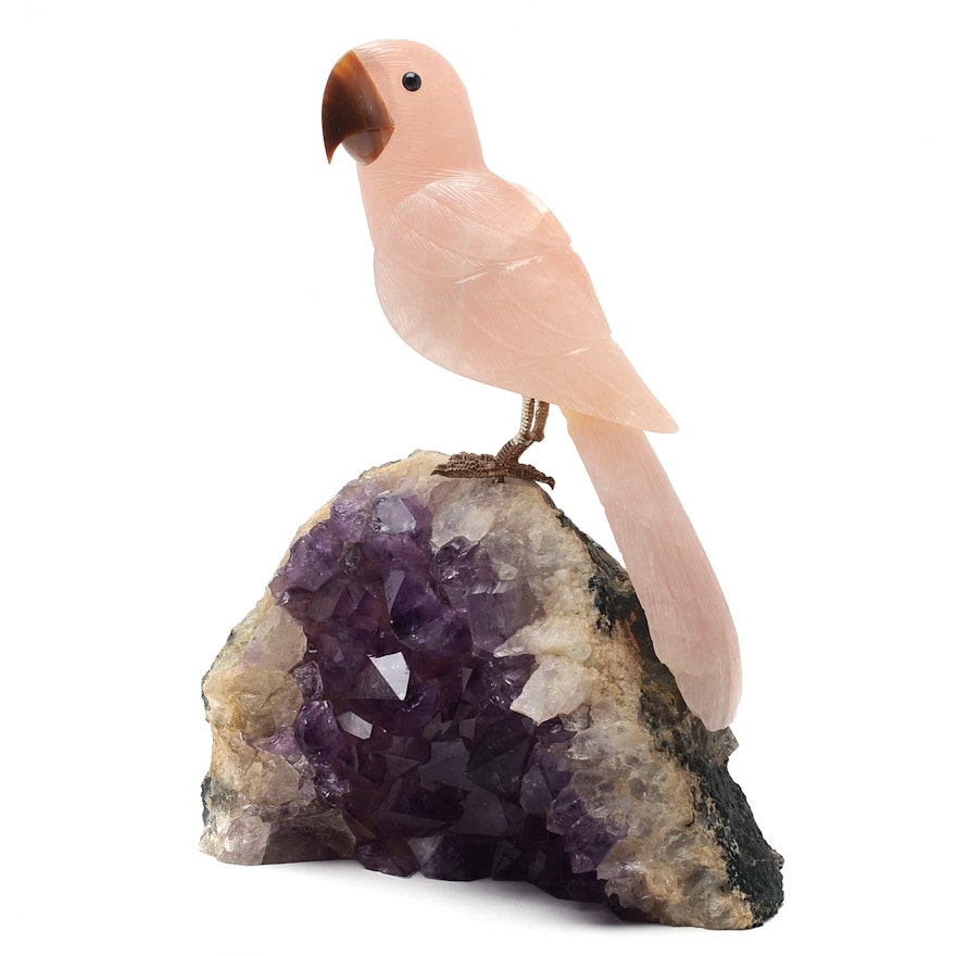 Parrot Sculpted in Pink Quartz on Amethyst Geode Stand