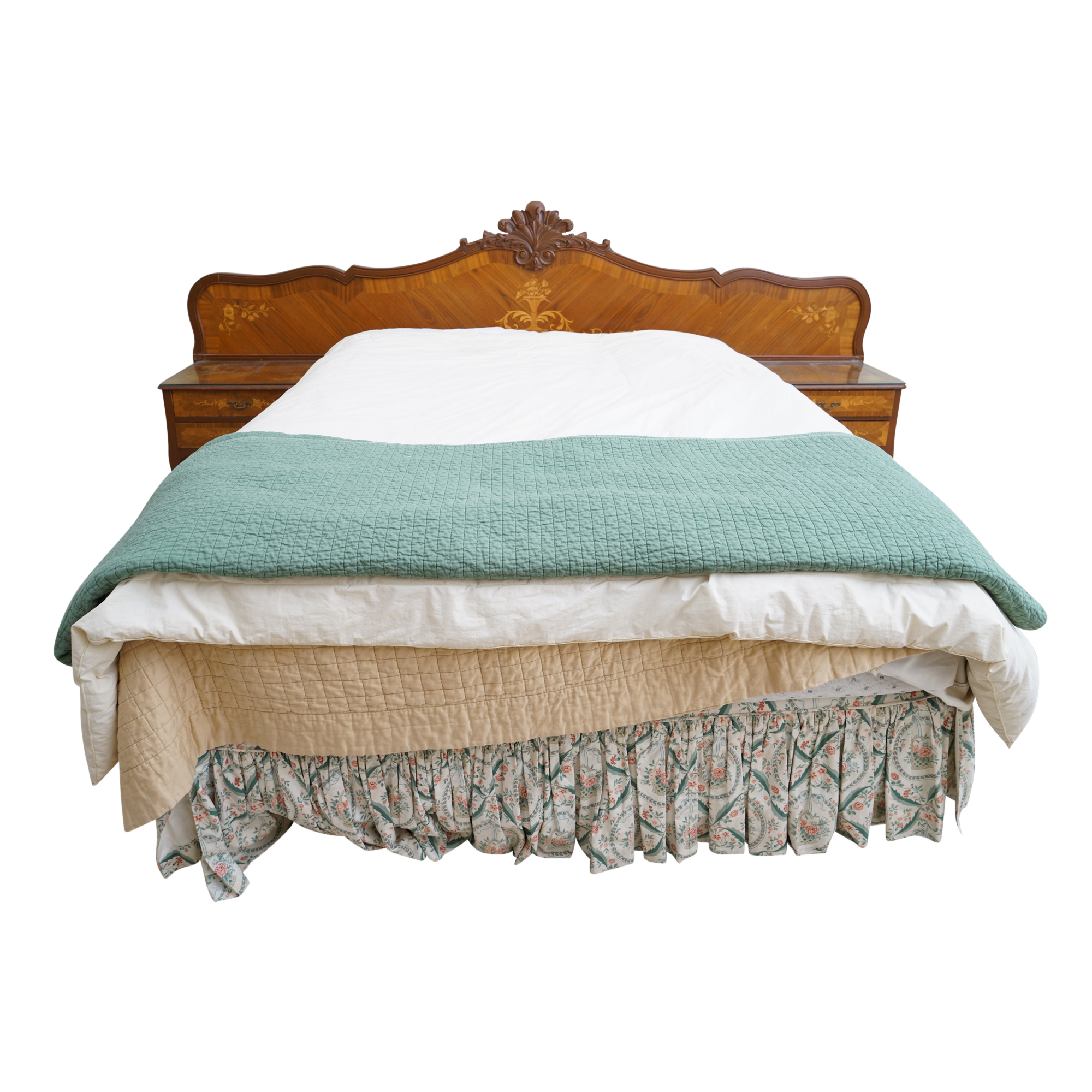 Vintage Rococo Style Walnut Queen Size Headboard with Nightstands