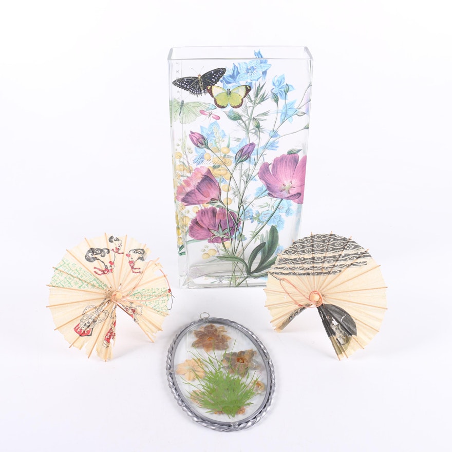 Floral Glass Vase, Pressed Flowers and Fans