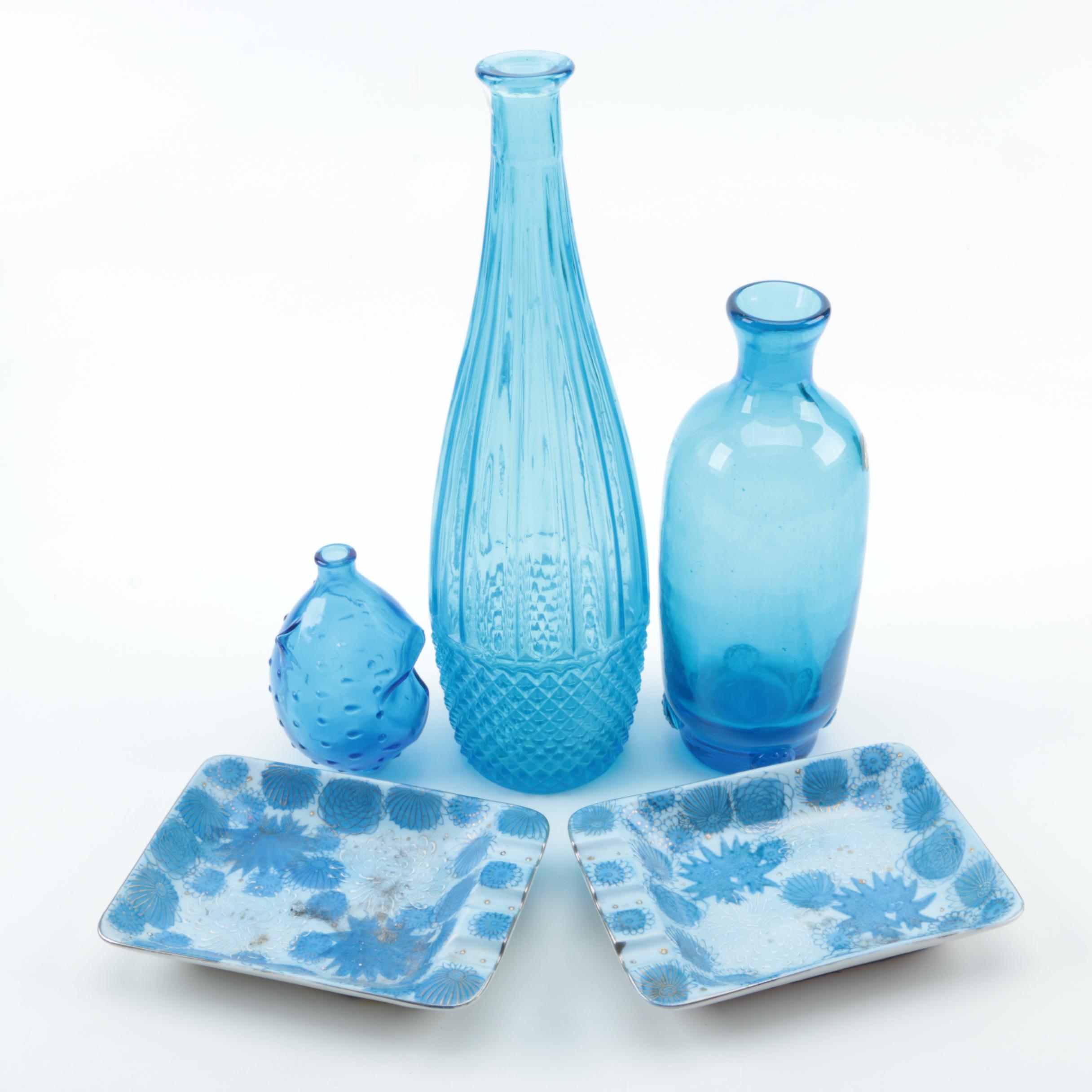 Blenko Blue Glass Bottle and Assorted Blue Home Accessories
