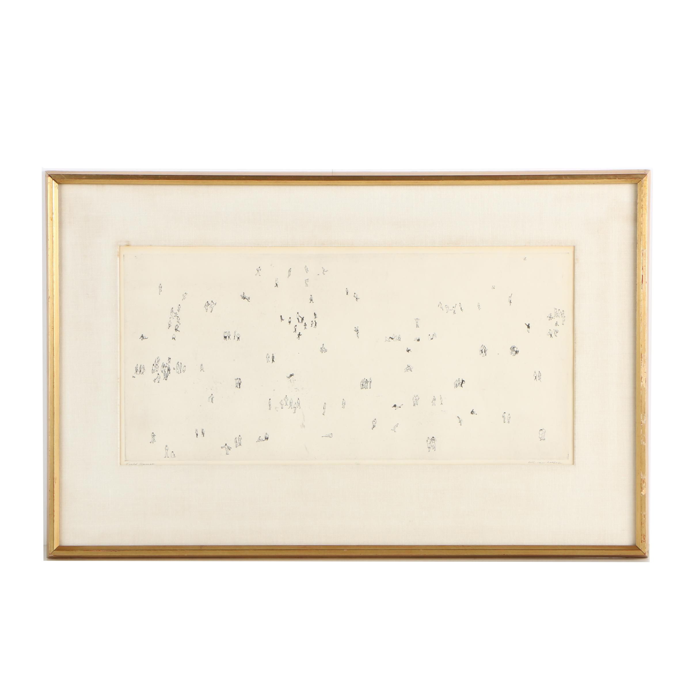 Beth Van Hoesen Etching "Field Games"