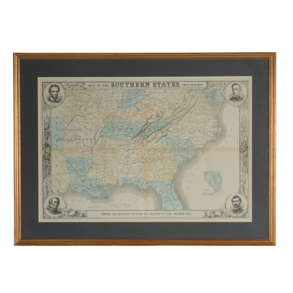 Antique Wood Engraving Map of Southern States for Harper's Weekly Publication