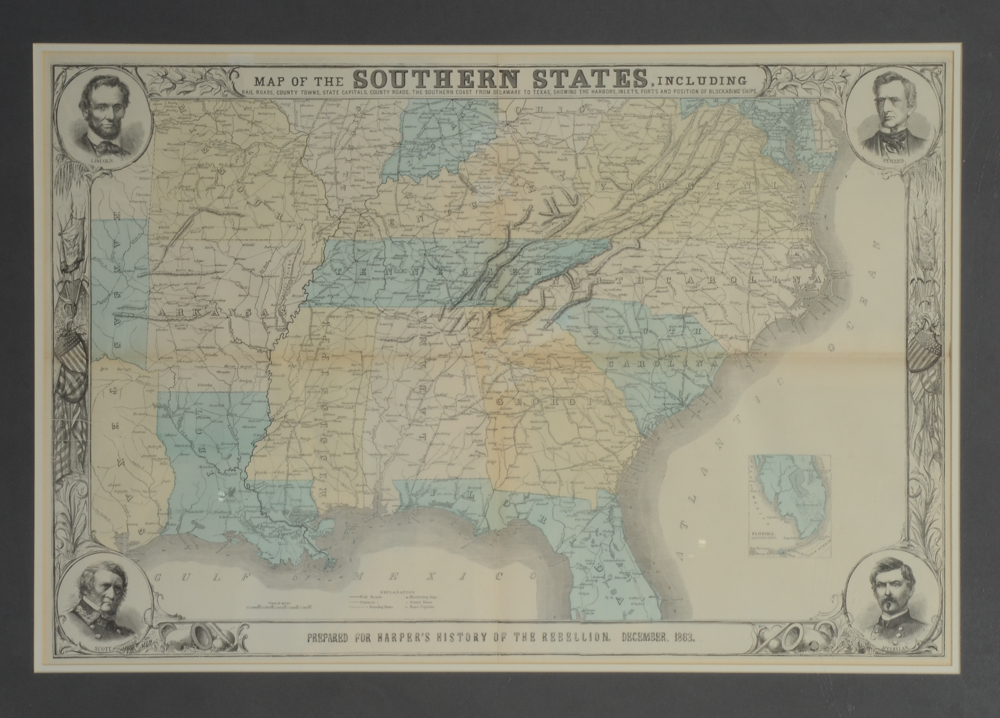 Antique Wood Engraving Map of Southern States for Harper's Weekly Publication