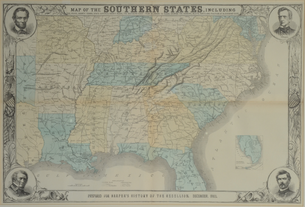 Antique Wood Engraving Map of Southern States for Harper's Weekly Publication