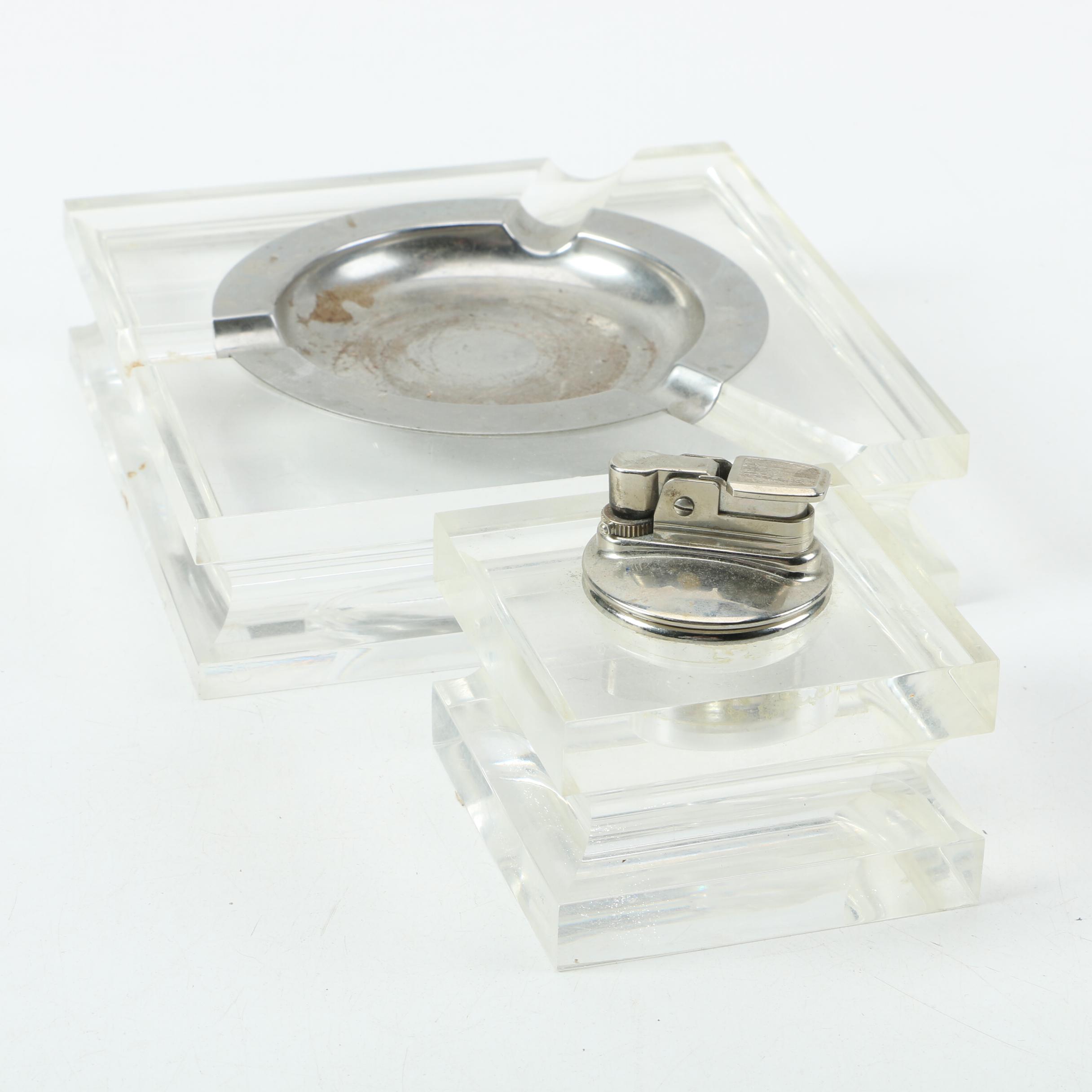Evans Lucite Table Lighter and Signed Italian Lucite Ash Receiver