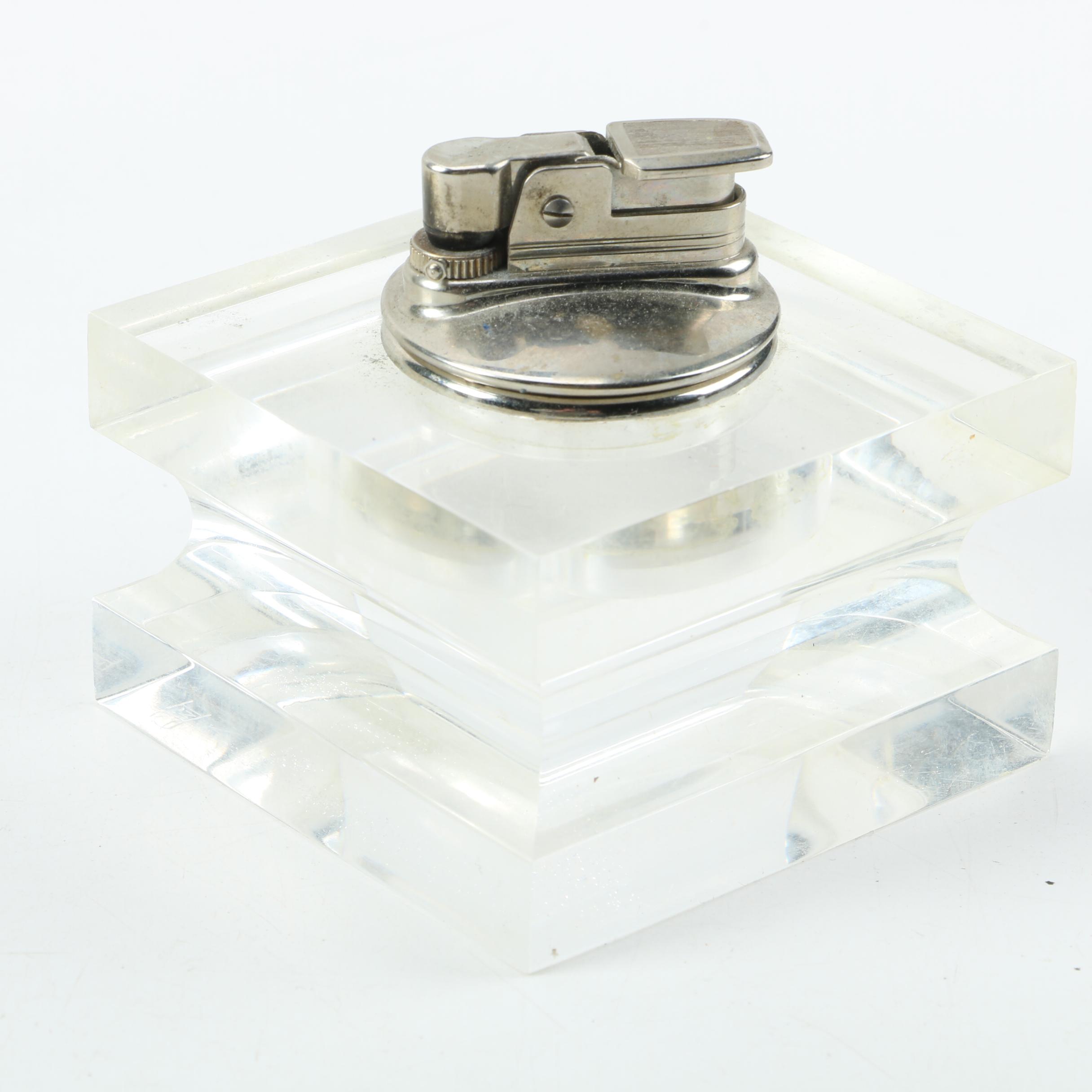 Evans Lucite Table Lighter and Signed Italian Lucite Ash Receiver