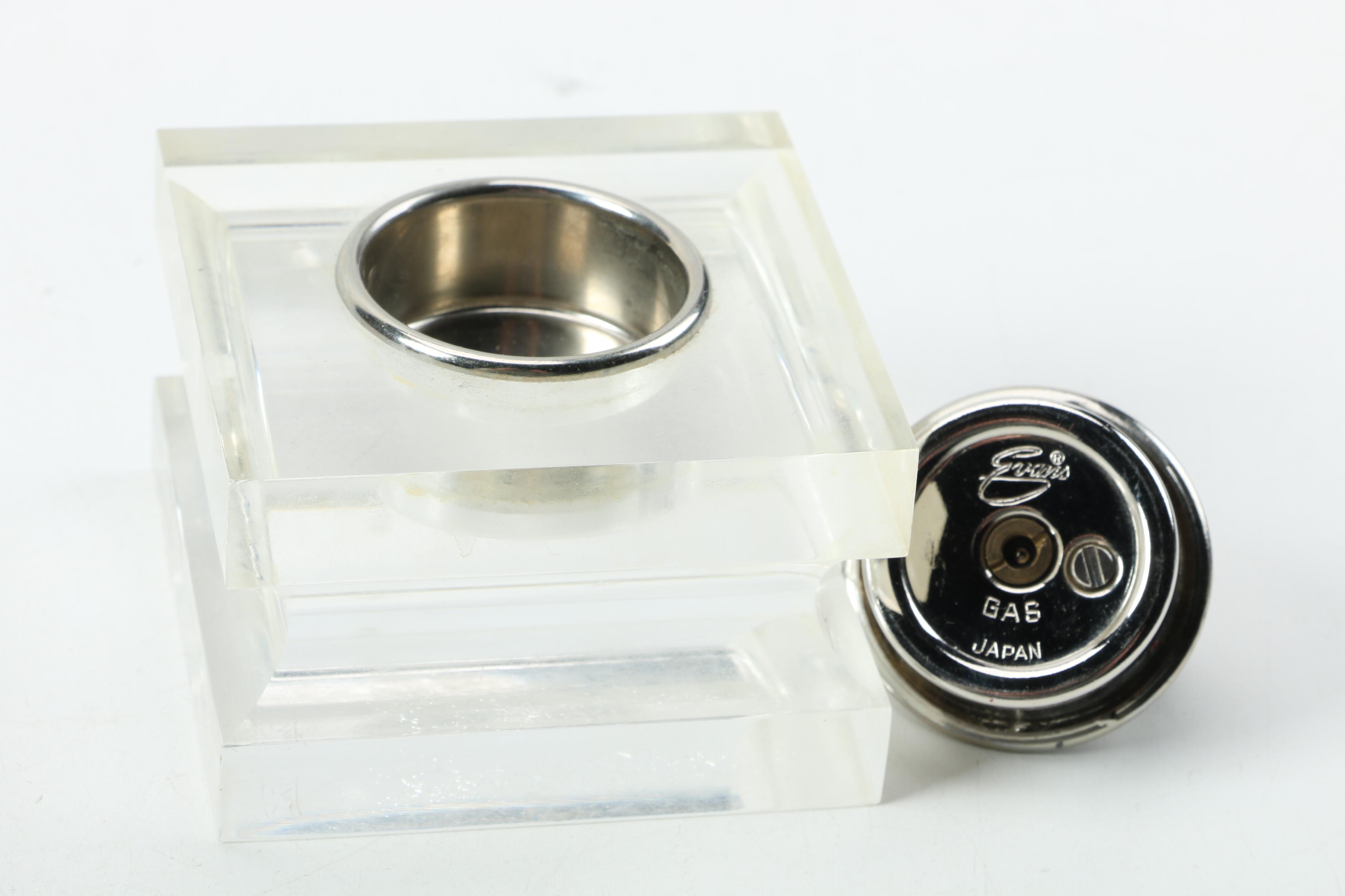 Evans Lucite Table Lighter and Signed Italian Lucite Ash Receiver