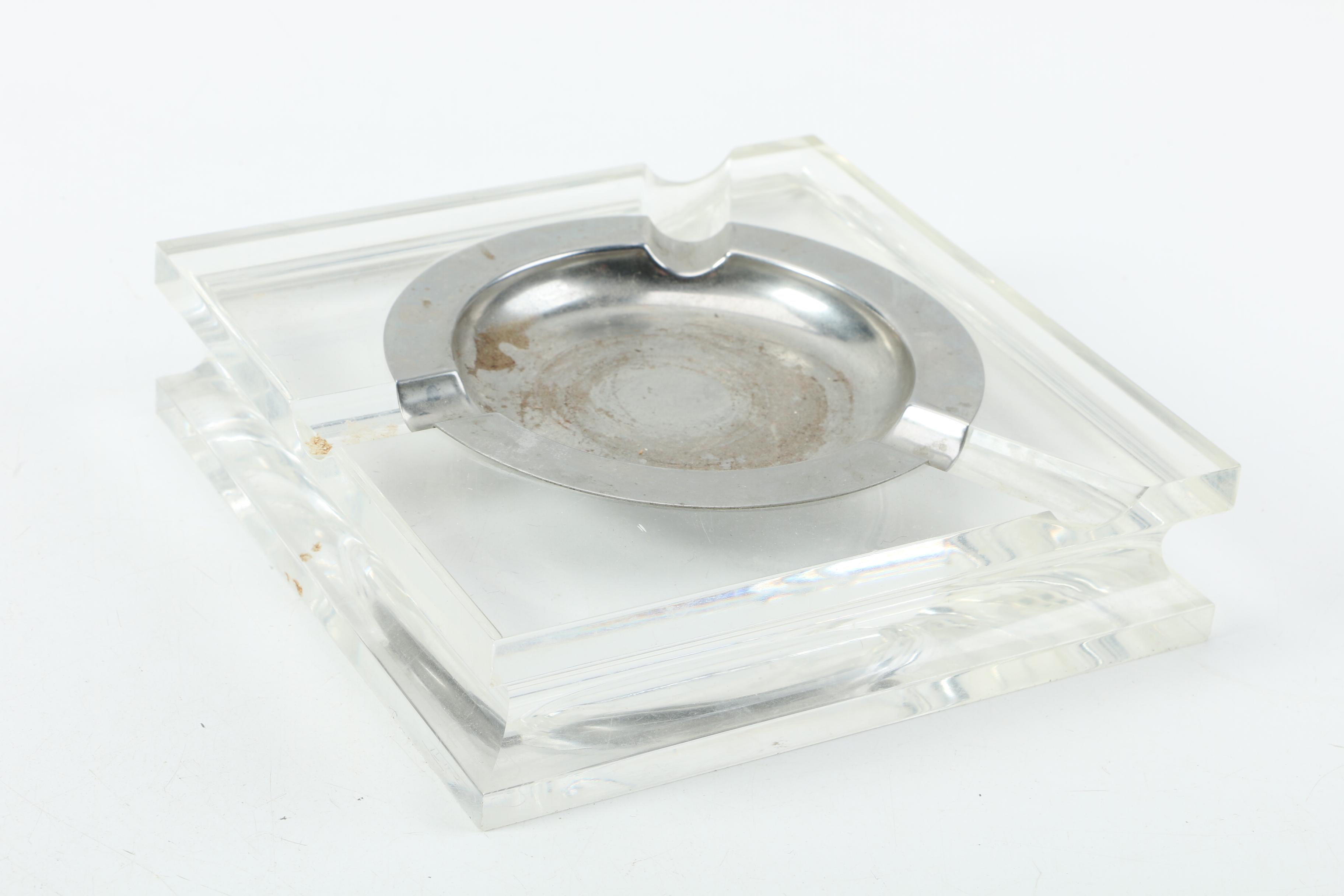 Evans Lucite Table Lighter and Signed Italian Lucite Ash Receiver