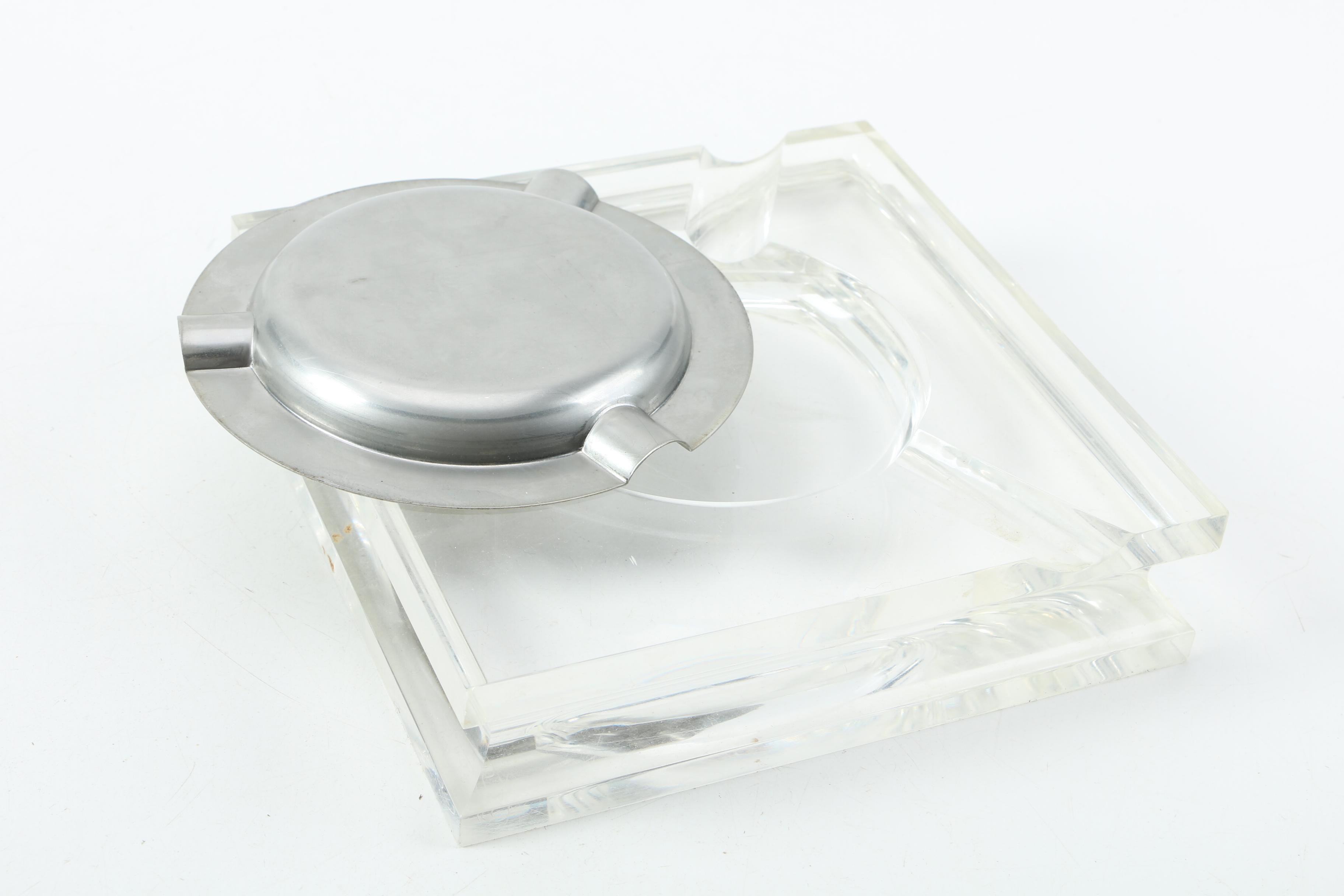 Evans Lucite Table Lighter and Signed Italian Lucite Ash Receiver