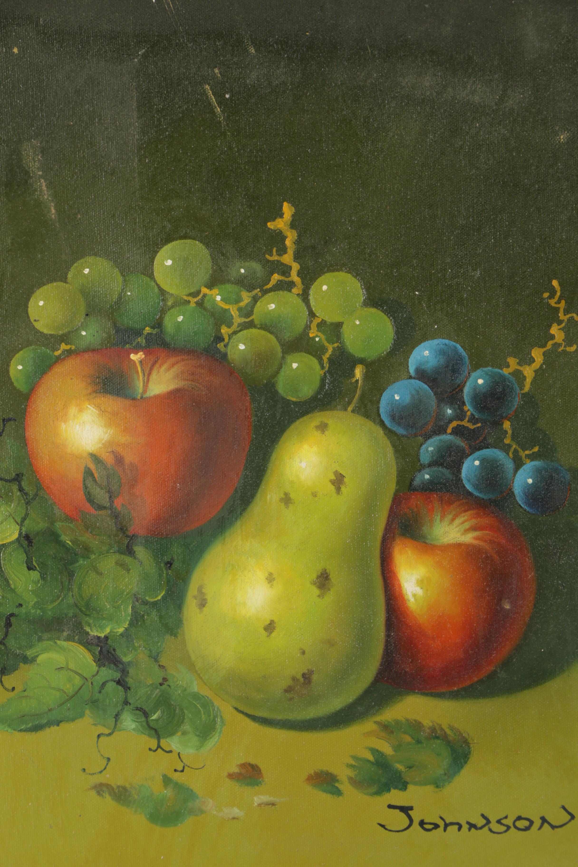 Johnson Oil Painting of Still Life with Pear, Apples and Grapes