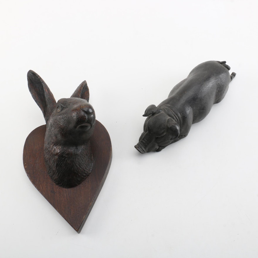 Cast Iron Pig Figurine with a Wooden Rabbit Wall Plaque